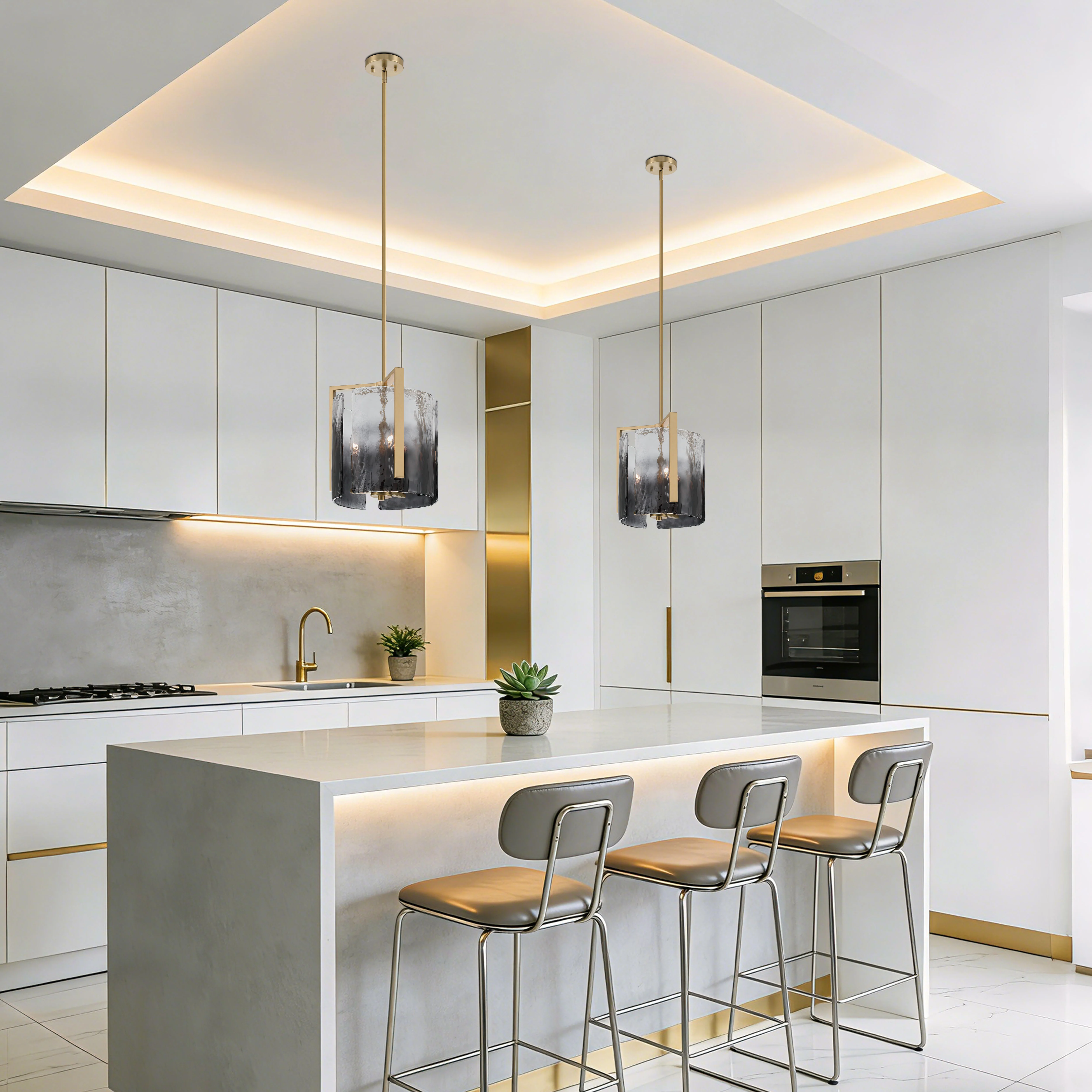 Aenon 3-light Pendant in Brushed Champagne Brass with Smokey Water Glass - Image 10