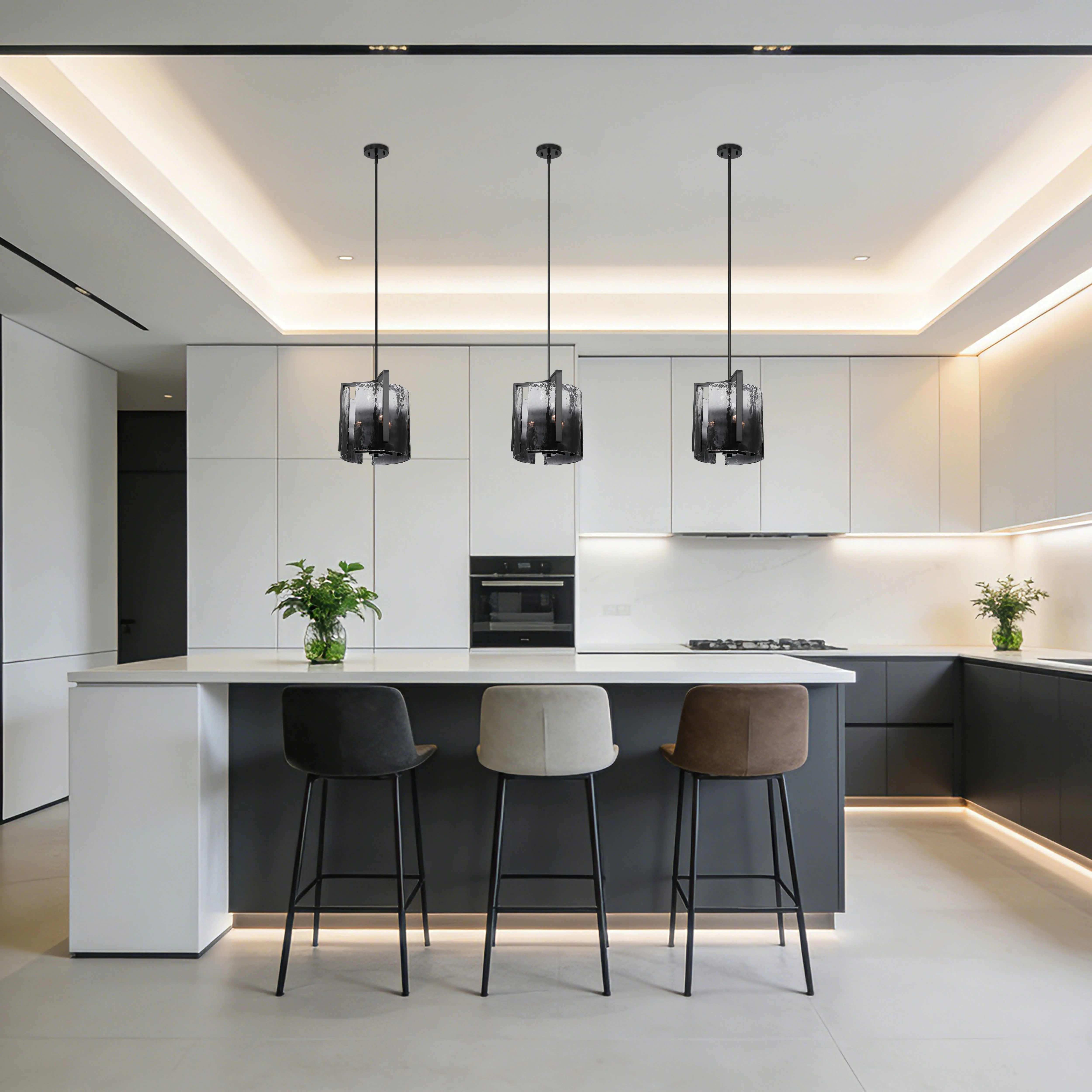 Aenon 3-light Pendant in Matte Black with Smokey Water Glass - Image 10