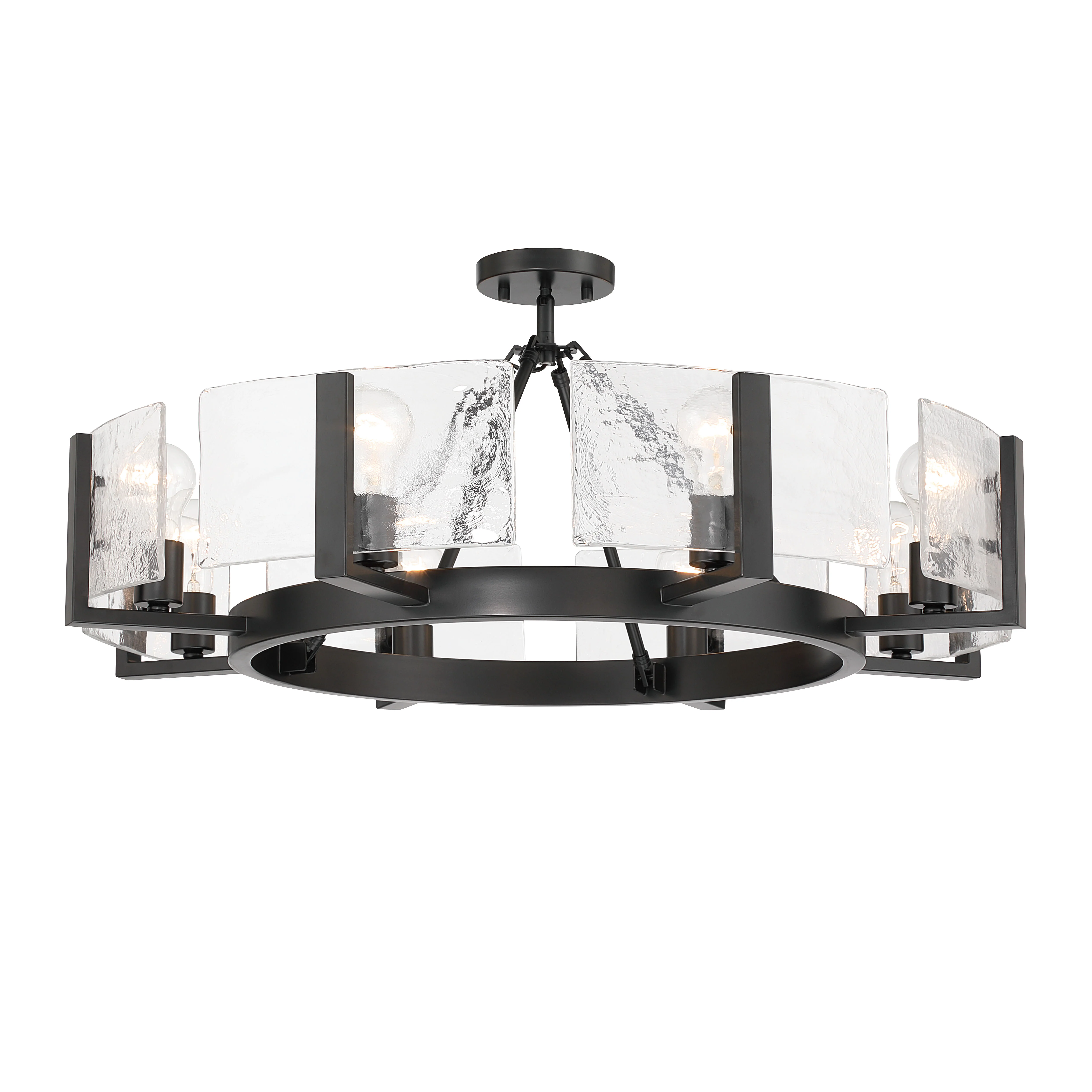 Aenon 8-Light Semi-Flush Mount in Matte Black with Hammered Water Glass