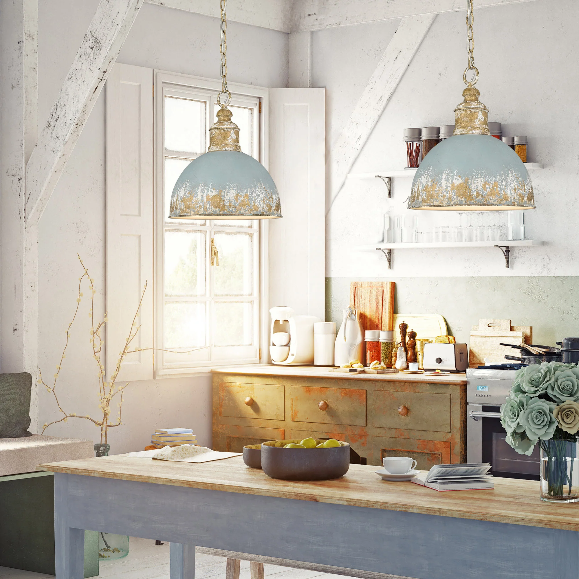 Alison 1-light Pendant in Vintage Gold and Antique Teal shade - Image 3