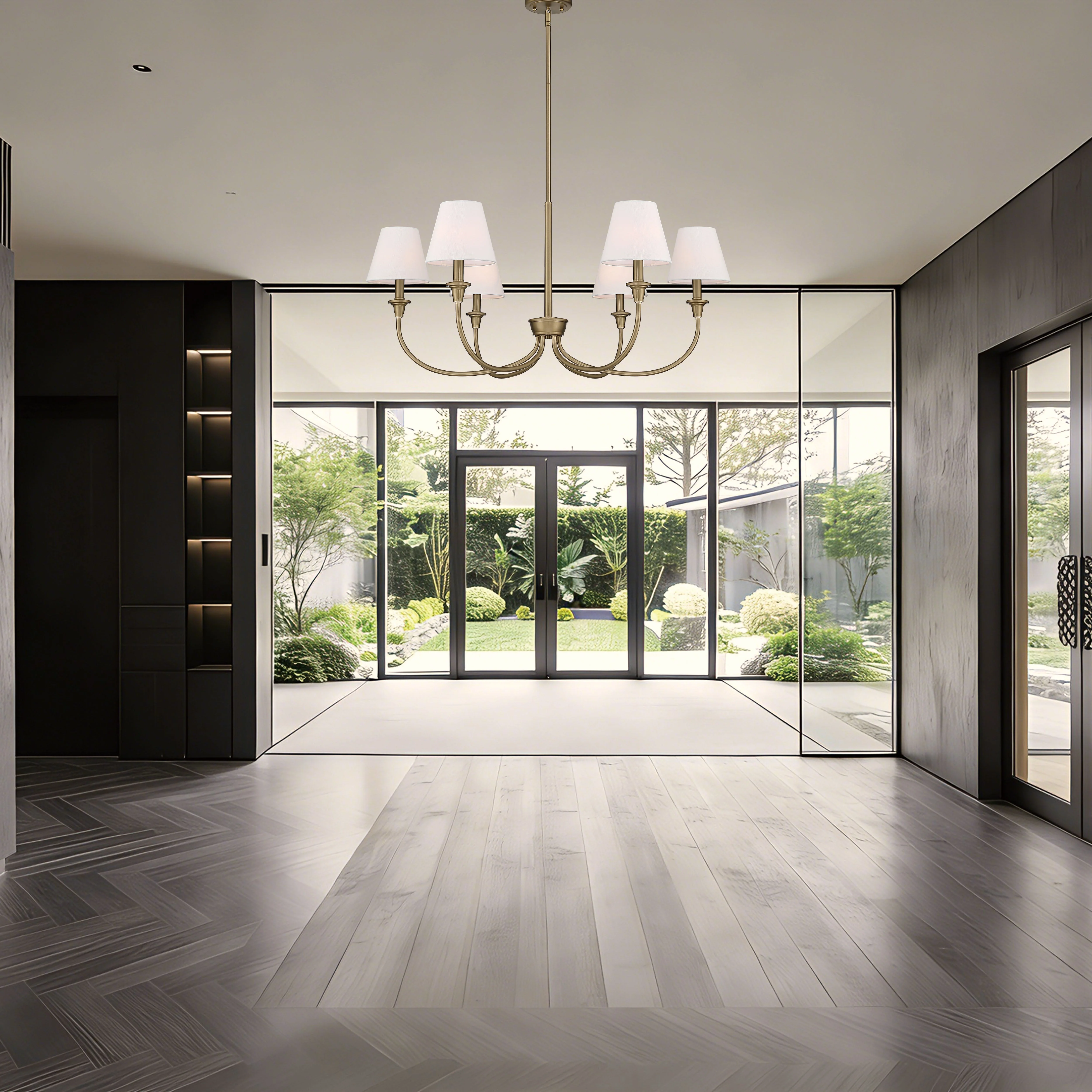 Cambria 6-Light Chandelier in Brushed Champagne Brass with White Shades - Image 9