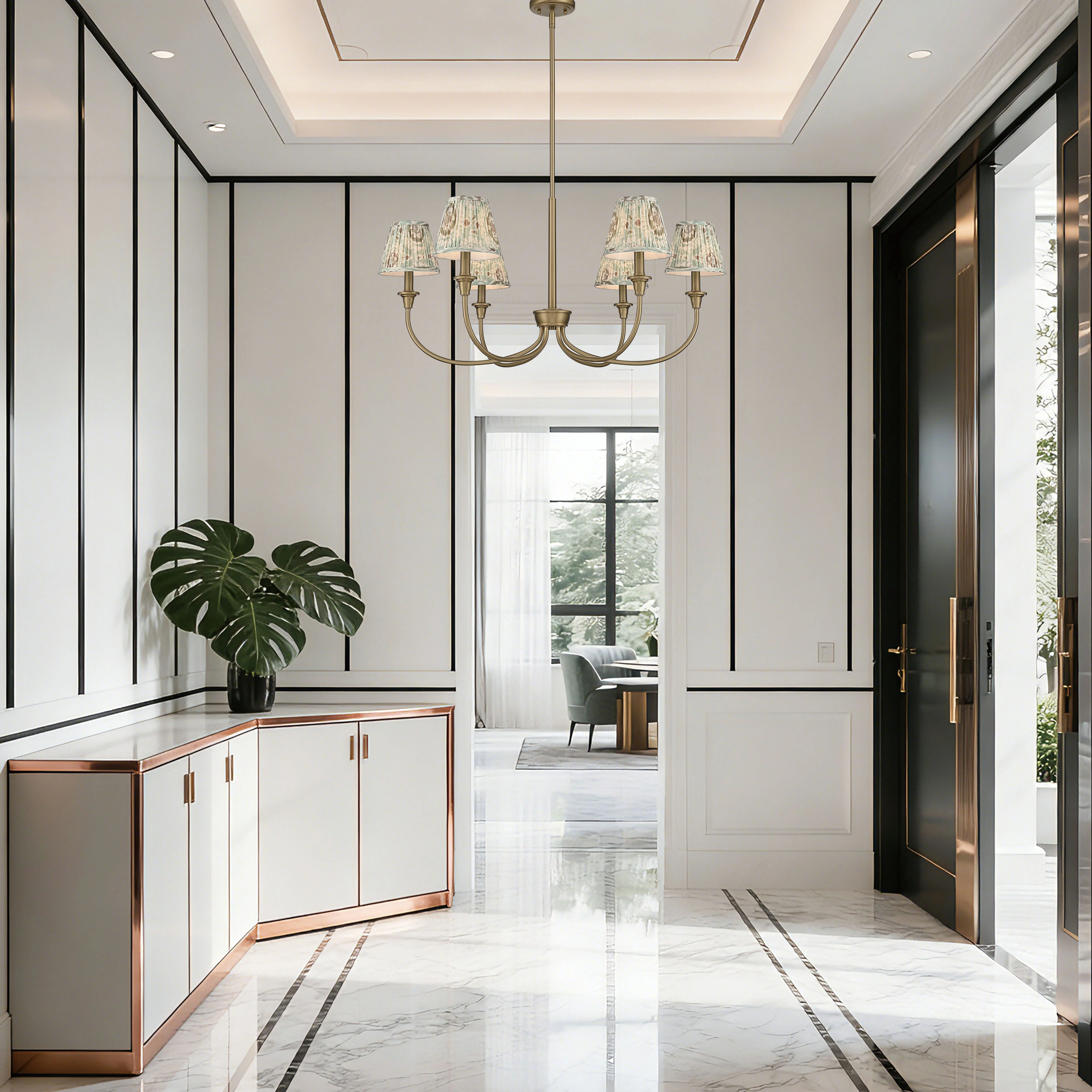 Cambria 6-Light Chandelier in Brushed Champagne Brass & Aqua Verde Shades - Image 8