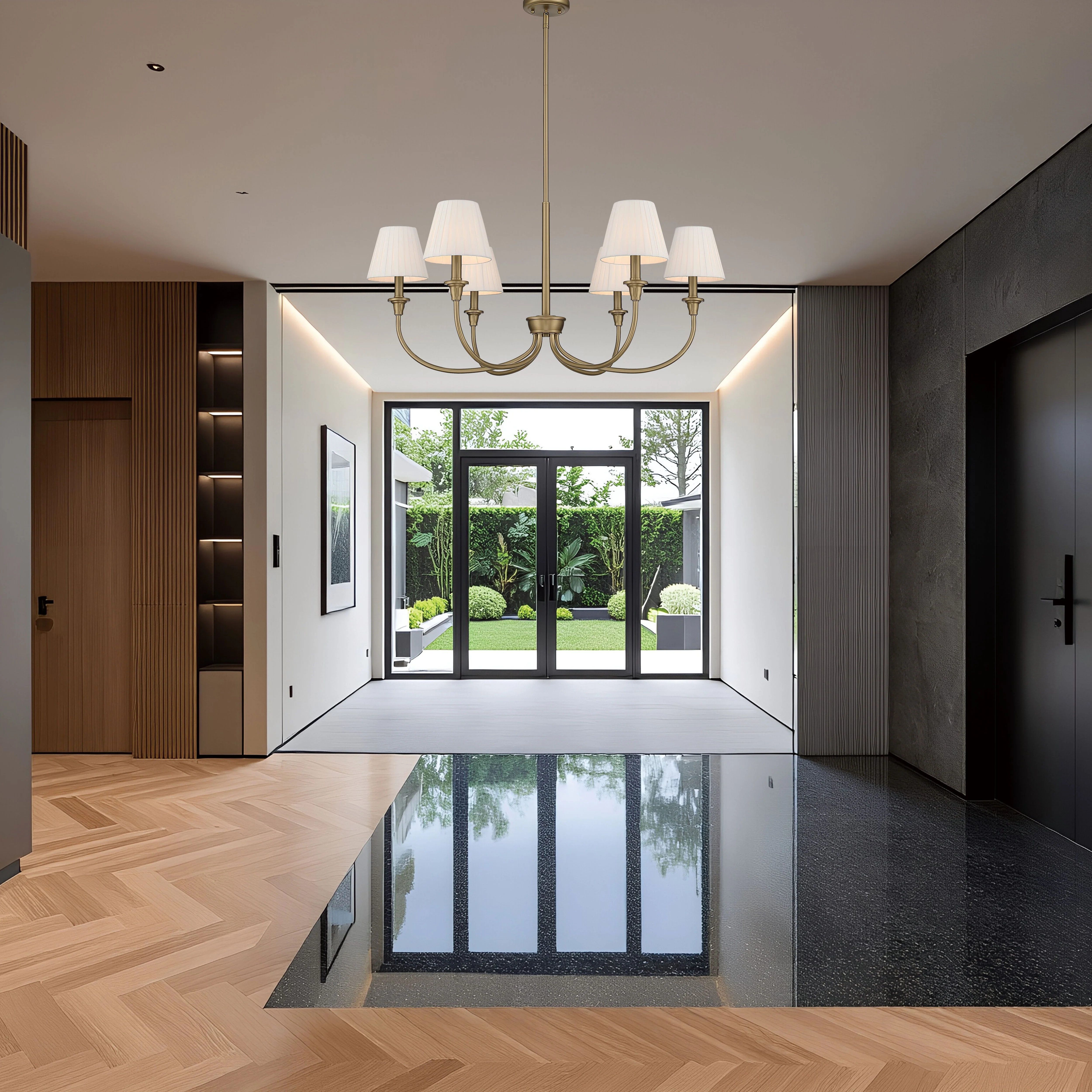Cambria 6-Light Chandelier in Brushed Champagne Brass & White Pleated Shades - Image 7