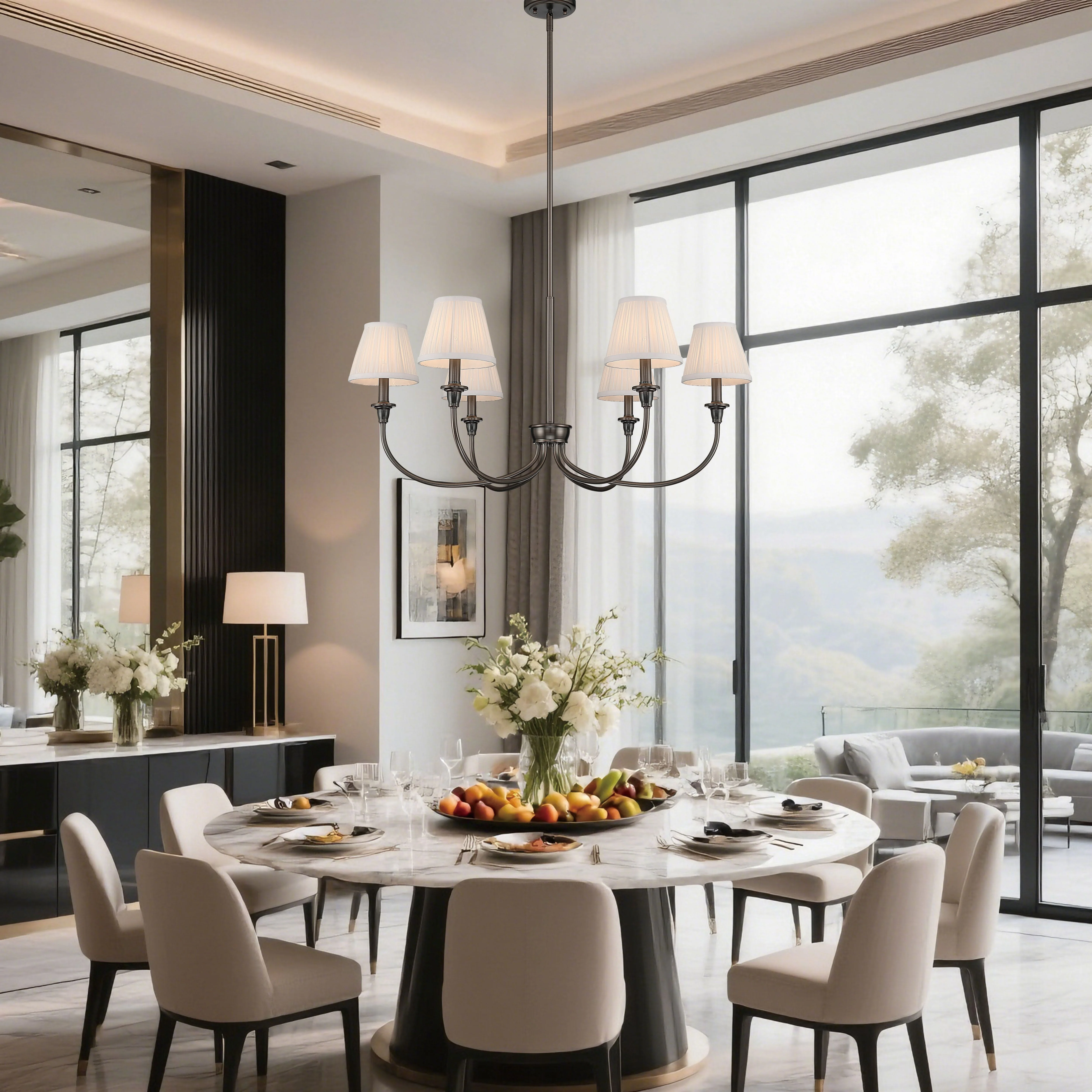 Cambria 6-light Chandelier in Oil Rubbed Bronze & Gathered White Shades - Image 8