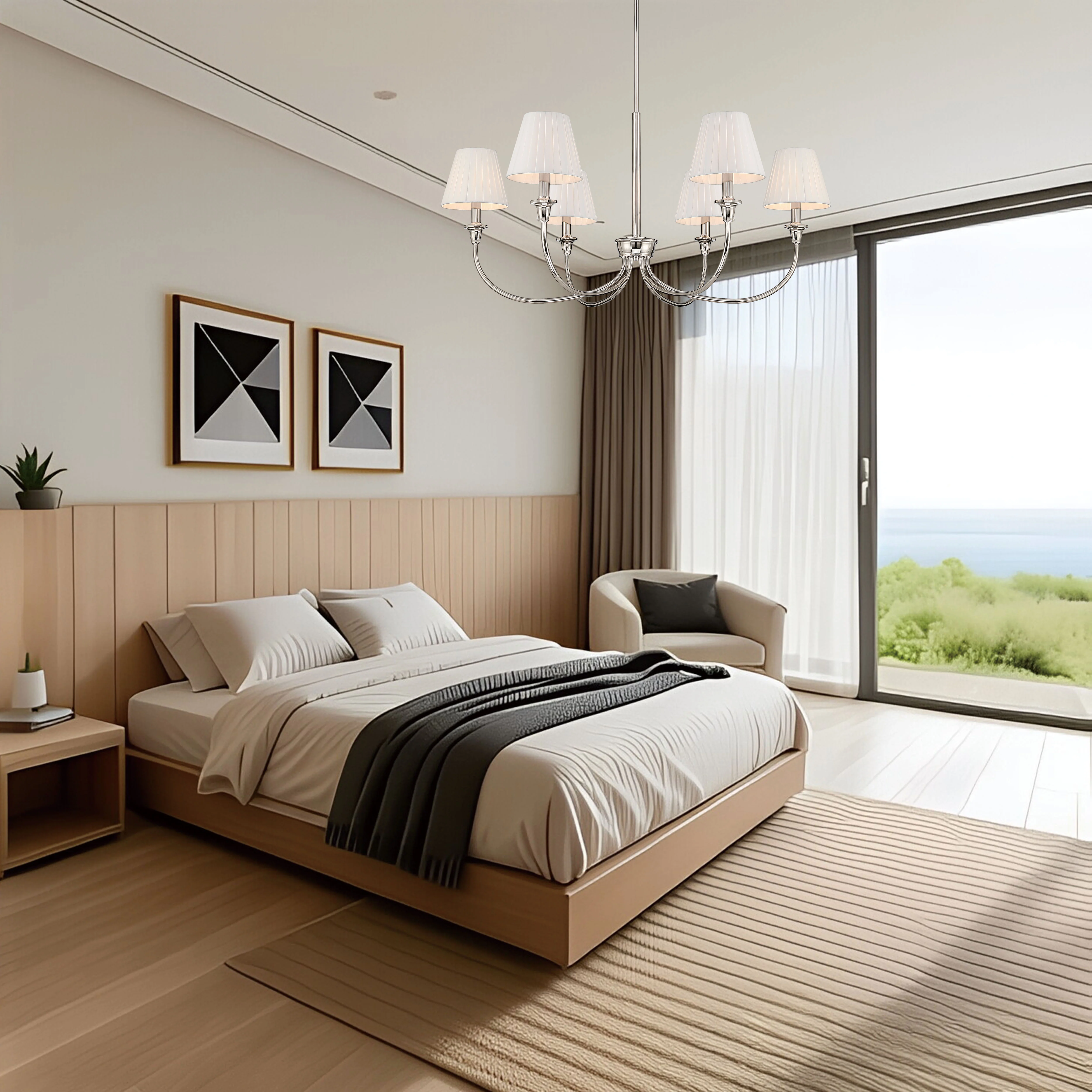 Cambria 6-light Chandelier in Polished Nickel & Pleated White Shades - Image 8