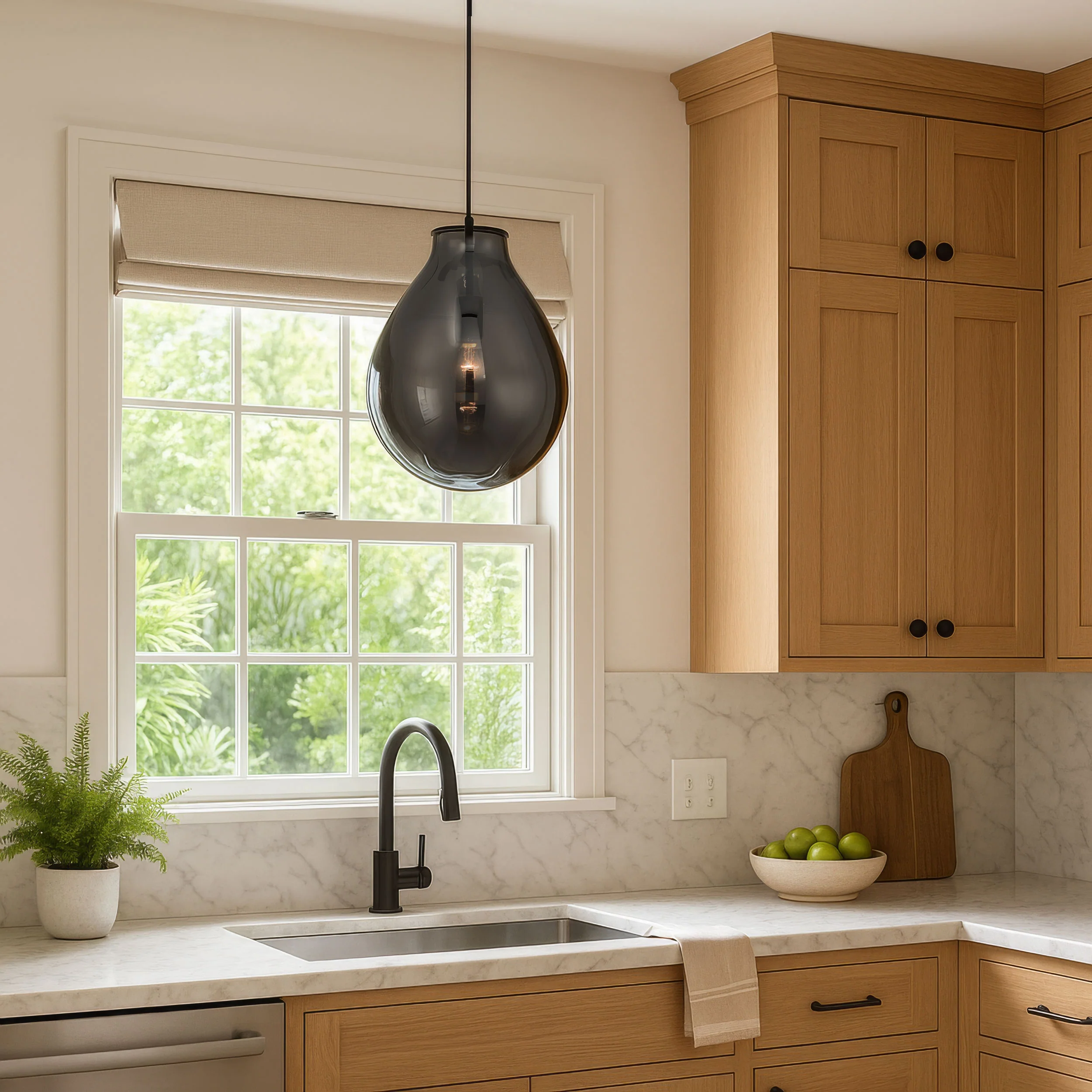 Drop 1-light Pendant in Matte Black and Smoke Plated Glass - Image 4