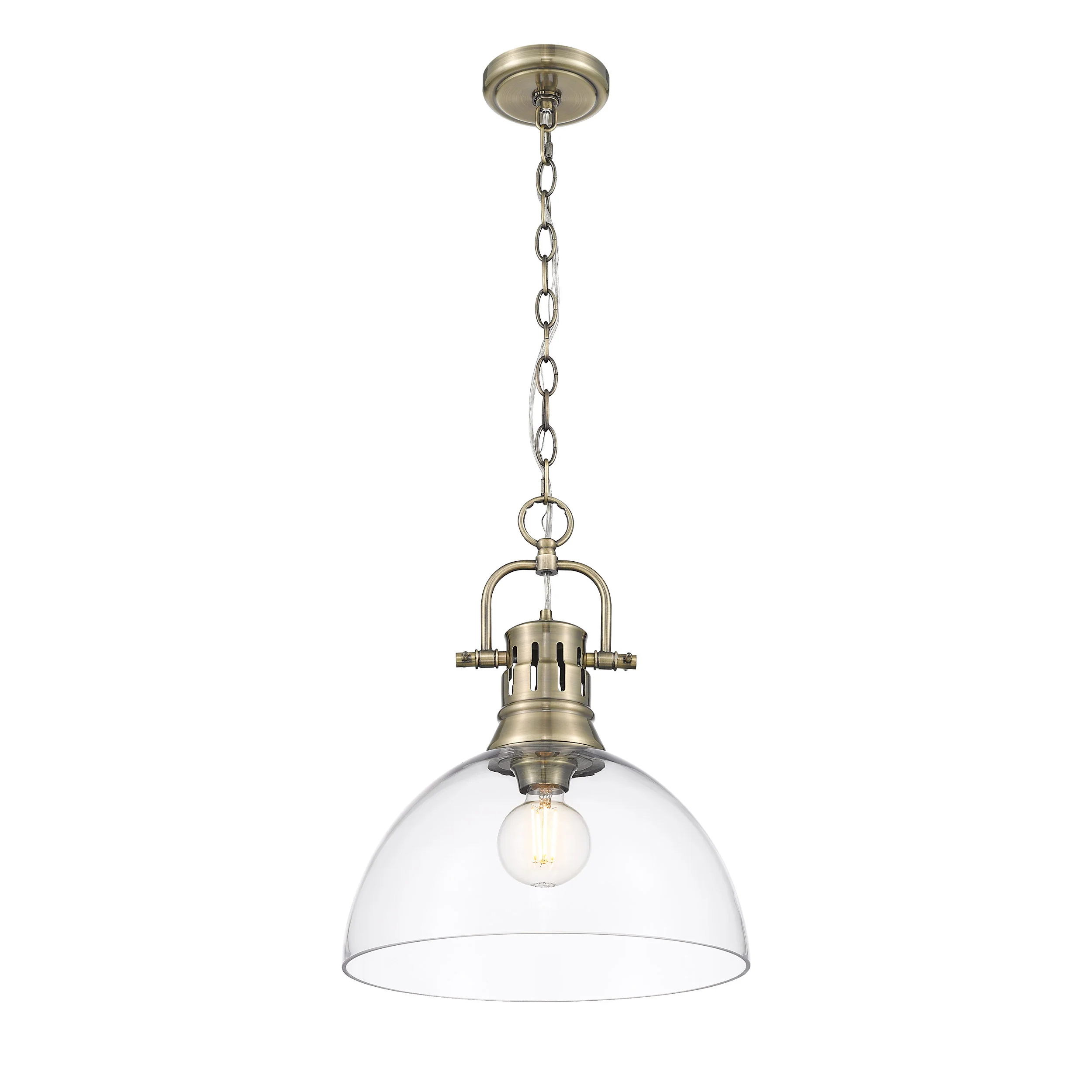 Duncan 1-light 14in chain hung Pendant in Aged Brass and Clear Glass - Image 2