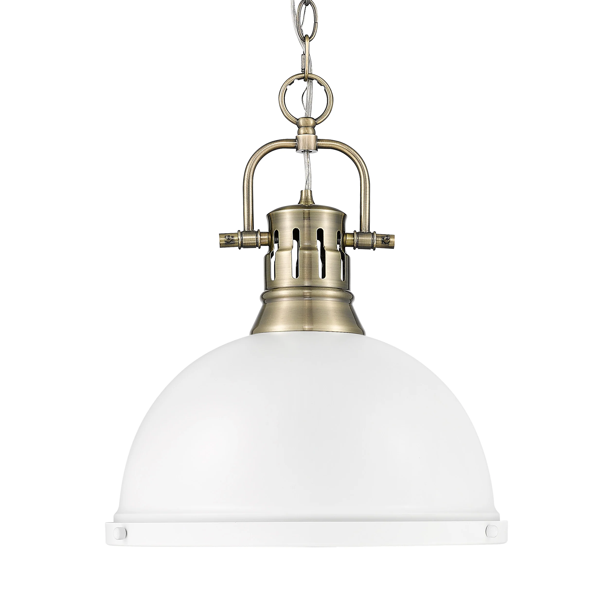 Duncan 1-light 14in Chain Hung Pendant in Aged Brass and Matte White shade