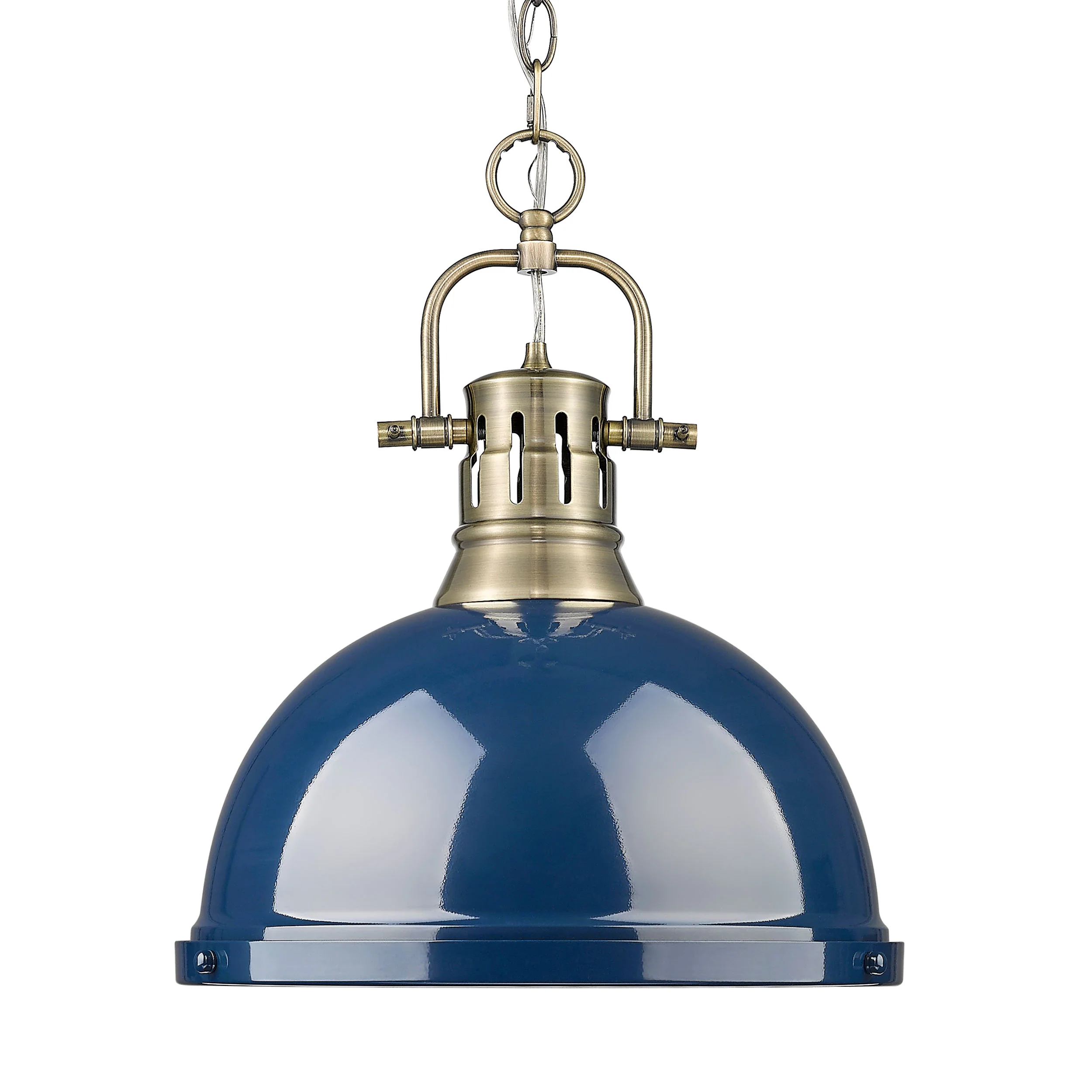 Duncan 1-light 14in Chain Hung Pendant in Aged Brass and Navy Blue shade