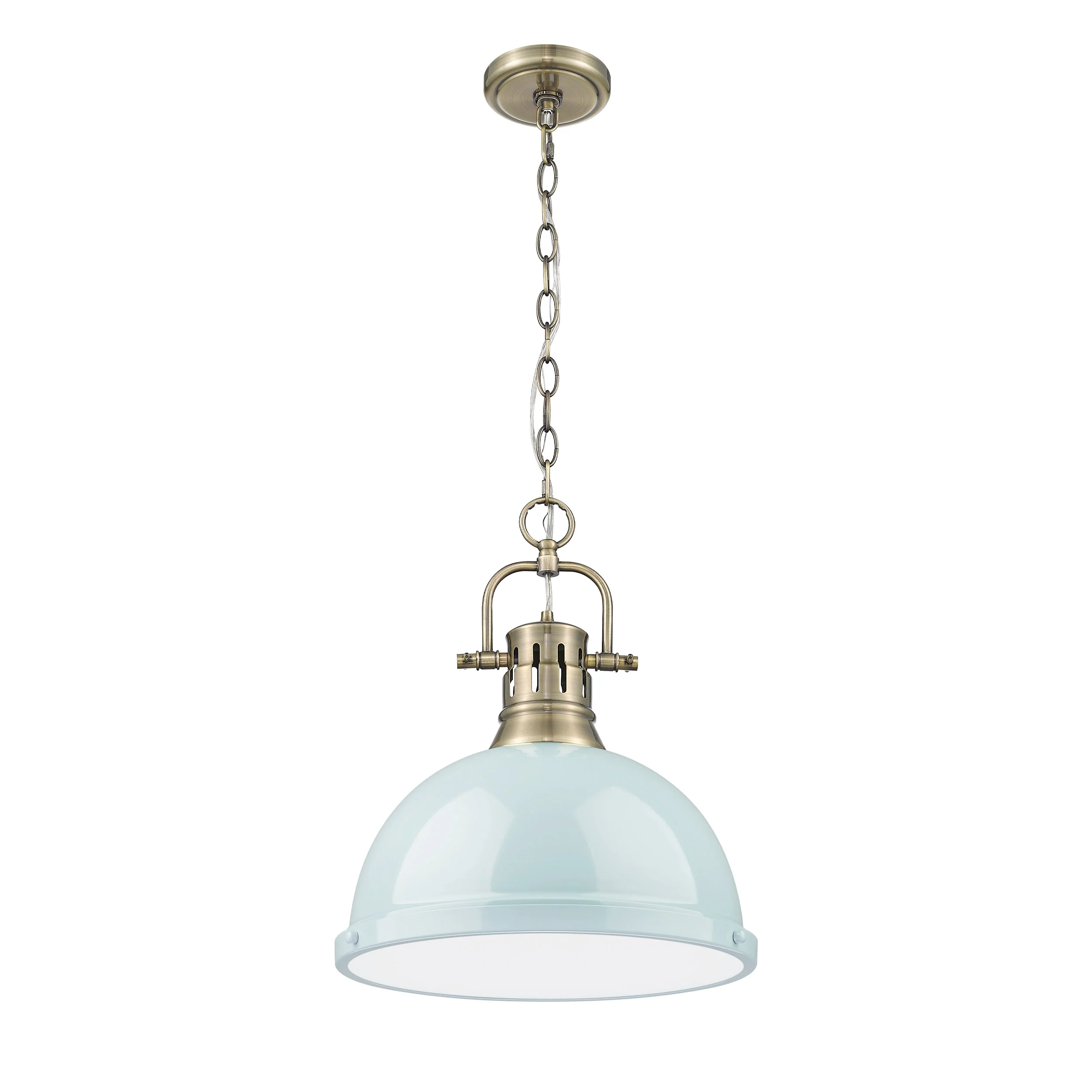 Duncan 1-light 14in Chain Hung Pendant in Aged Brass and Seafoam shade - Image 3