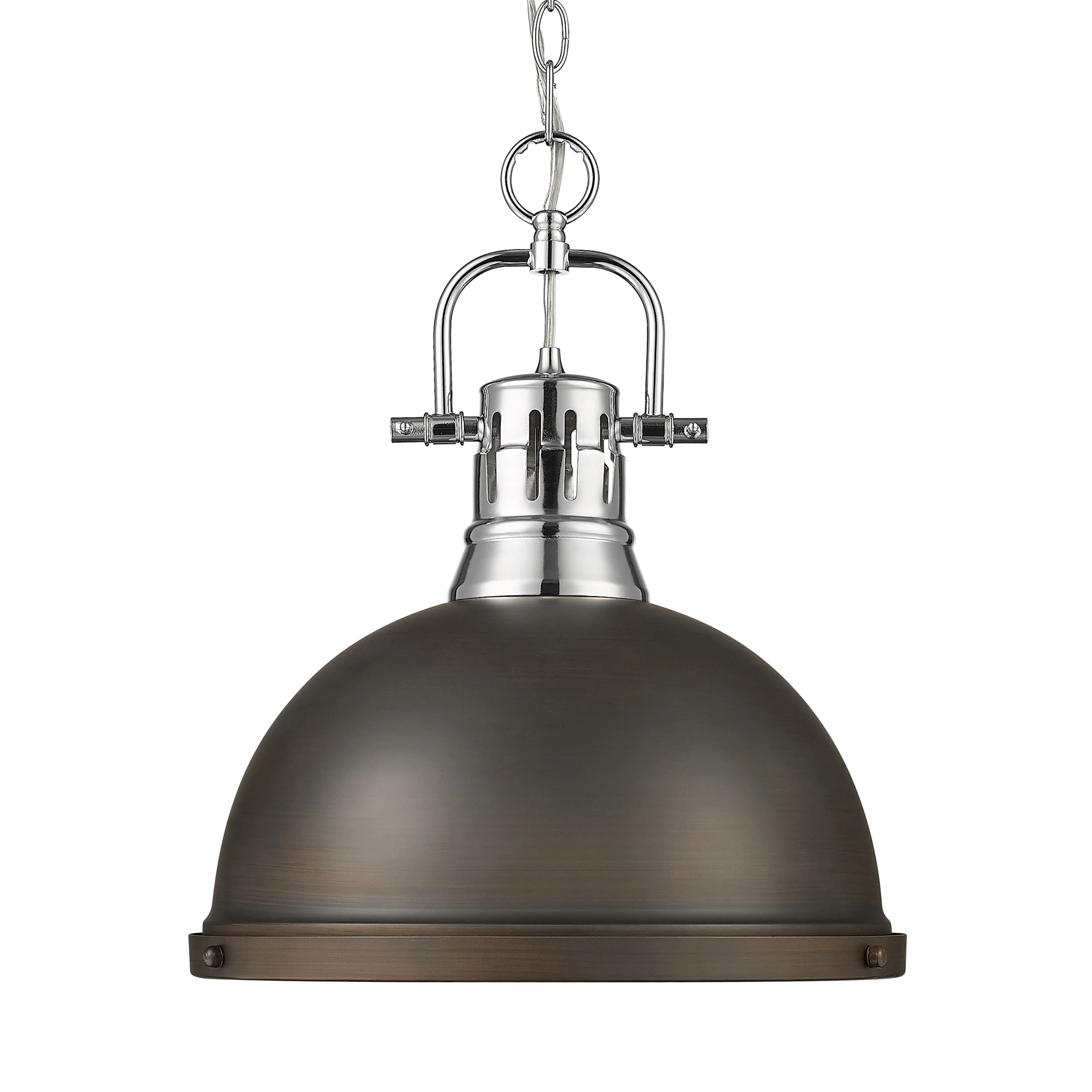 Duncan 1-light 14in Chain Hung Pendant in Chrome and Rubbed Bronze shade