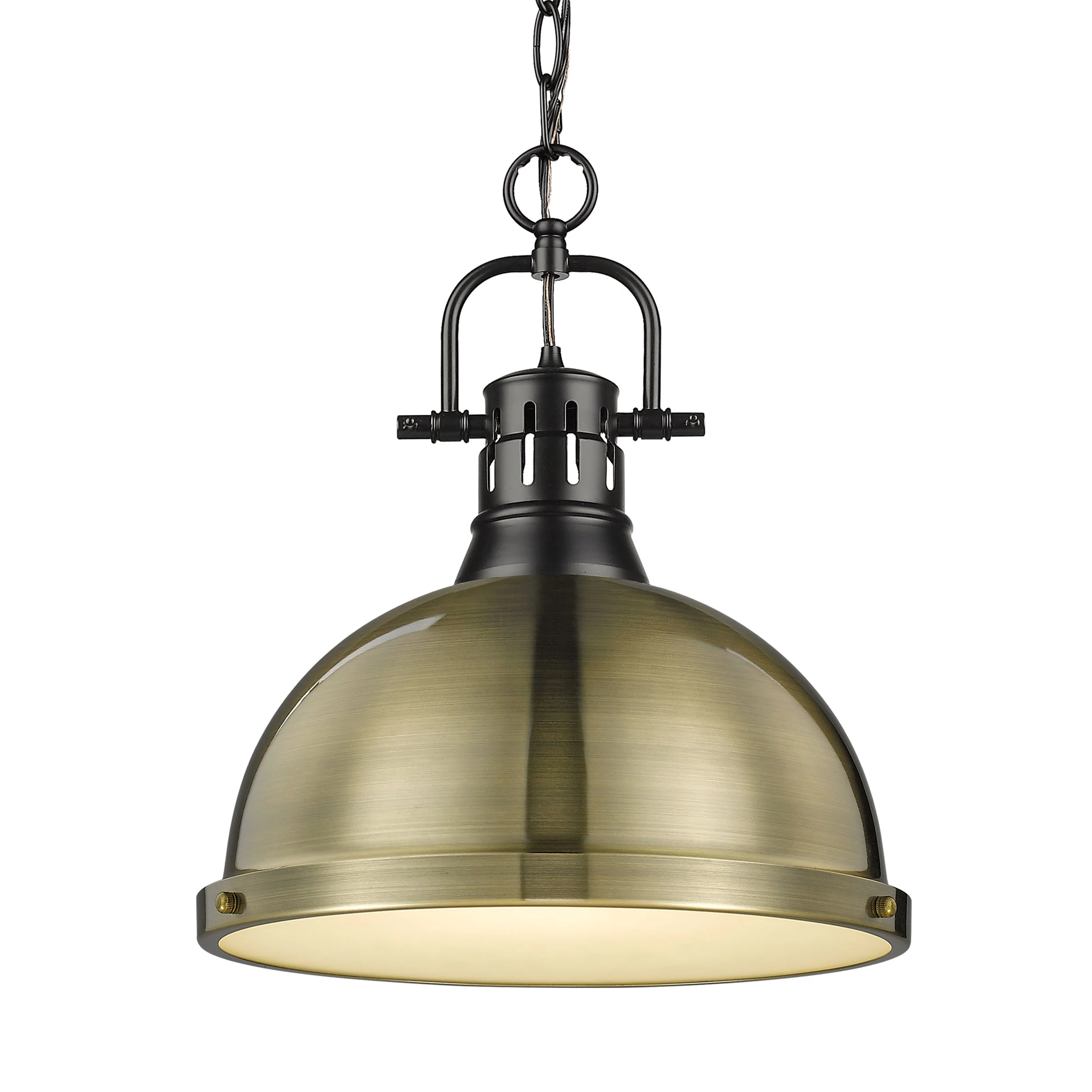 Duncan 1-light 14in Chain Hung Pendant in Matte Black and Aged Brass shade