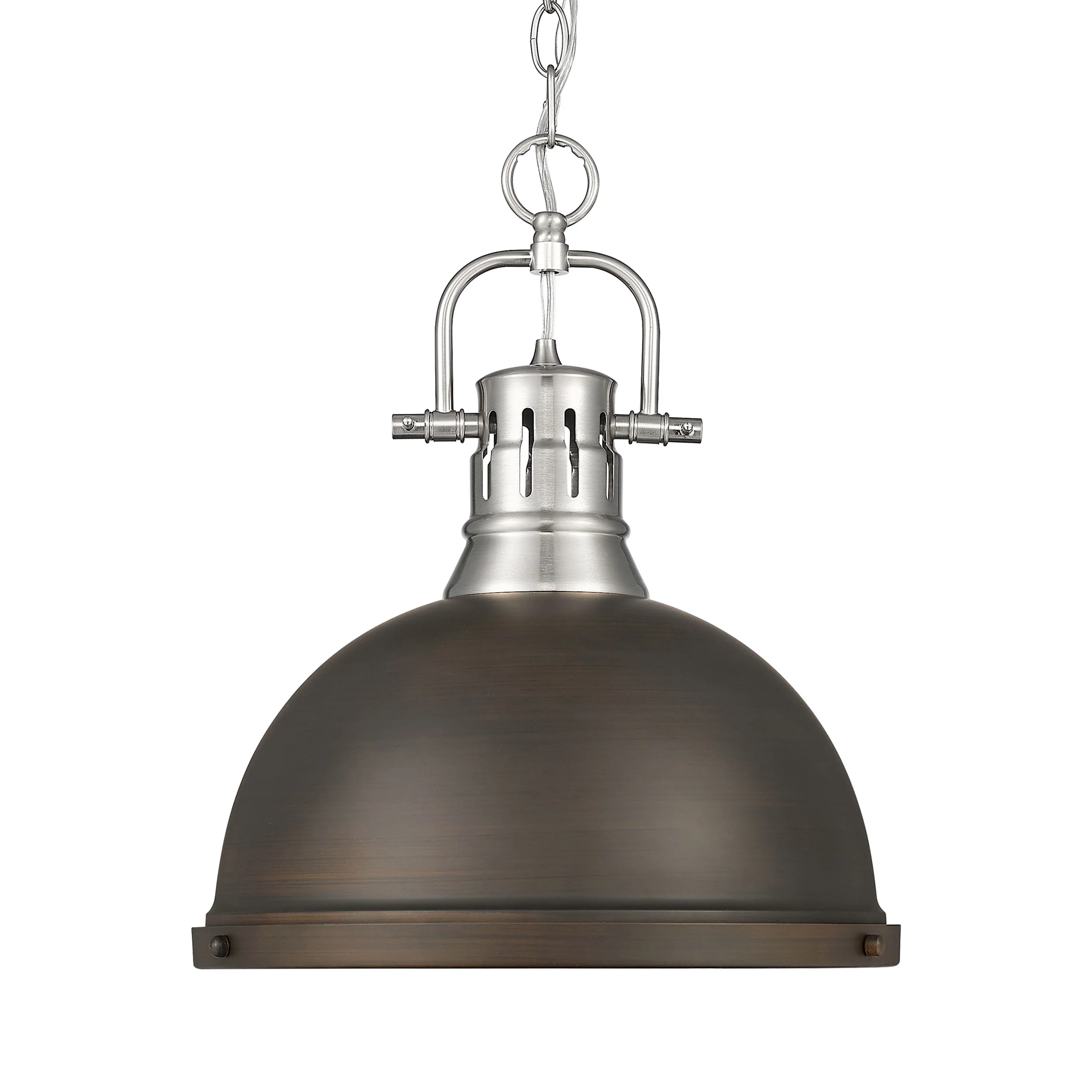 Duncan 1-light 14in Chain Hung Pendant in Pewter and Rubbed Bronze shade