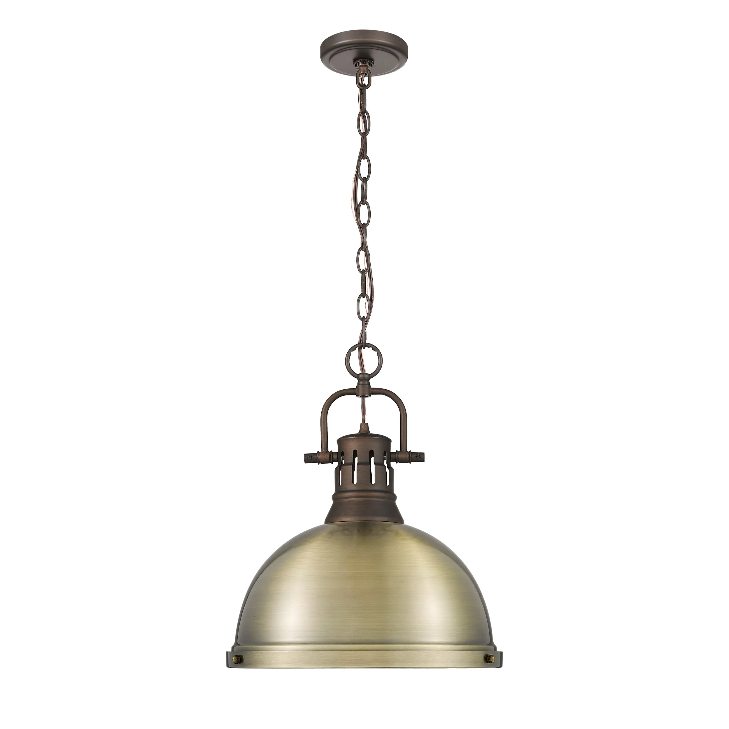 Duncan 1-light 14in Chain Hung Pendant in Rubbed Bronze and Aged Brass shade - Image 4