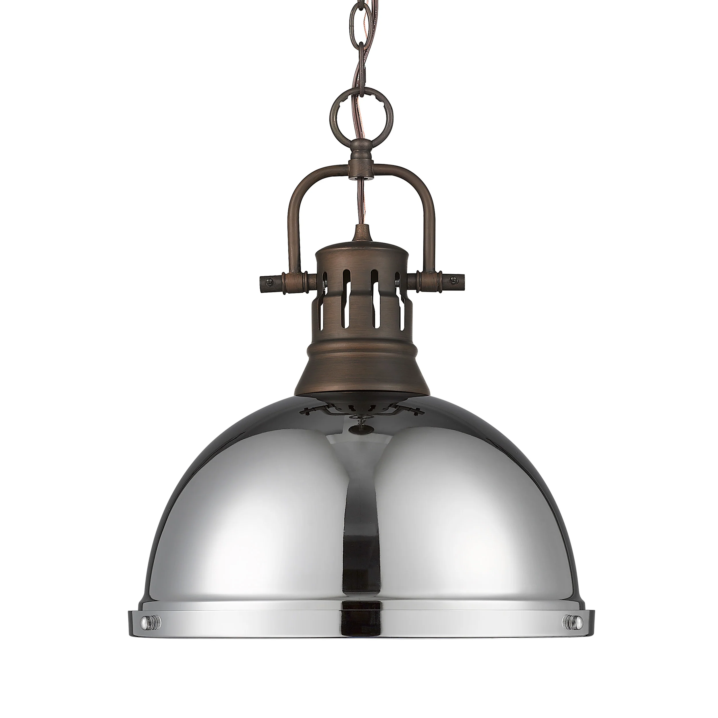 Duncan 1-light 14in Chain Hung Pendant in Rubbed Bronze and Chrome shade