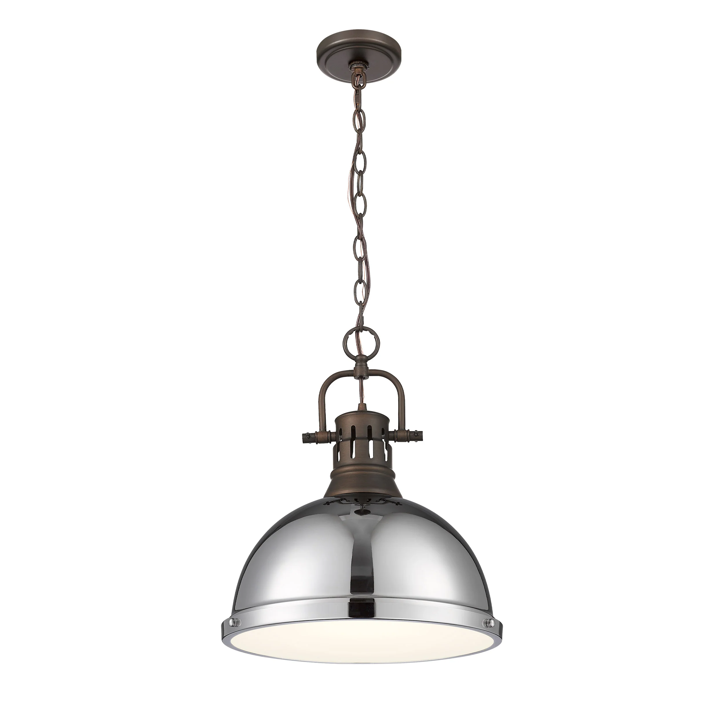 Duncan 1-light 14in Chain Hung Pendant in Rubbed Bronze and Chrome shade - Image 2