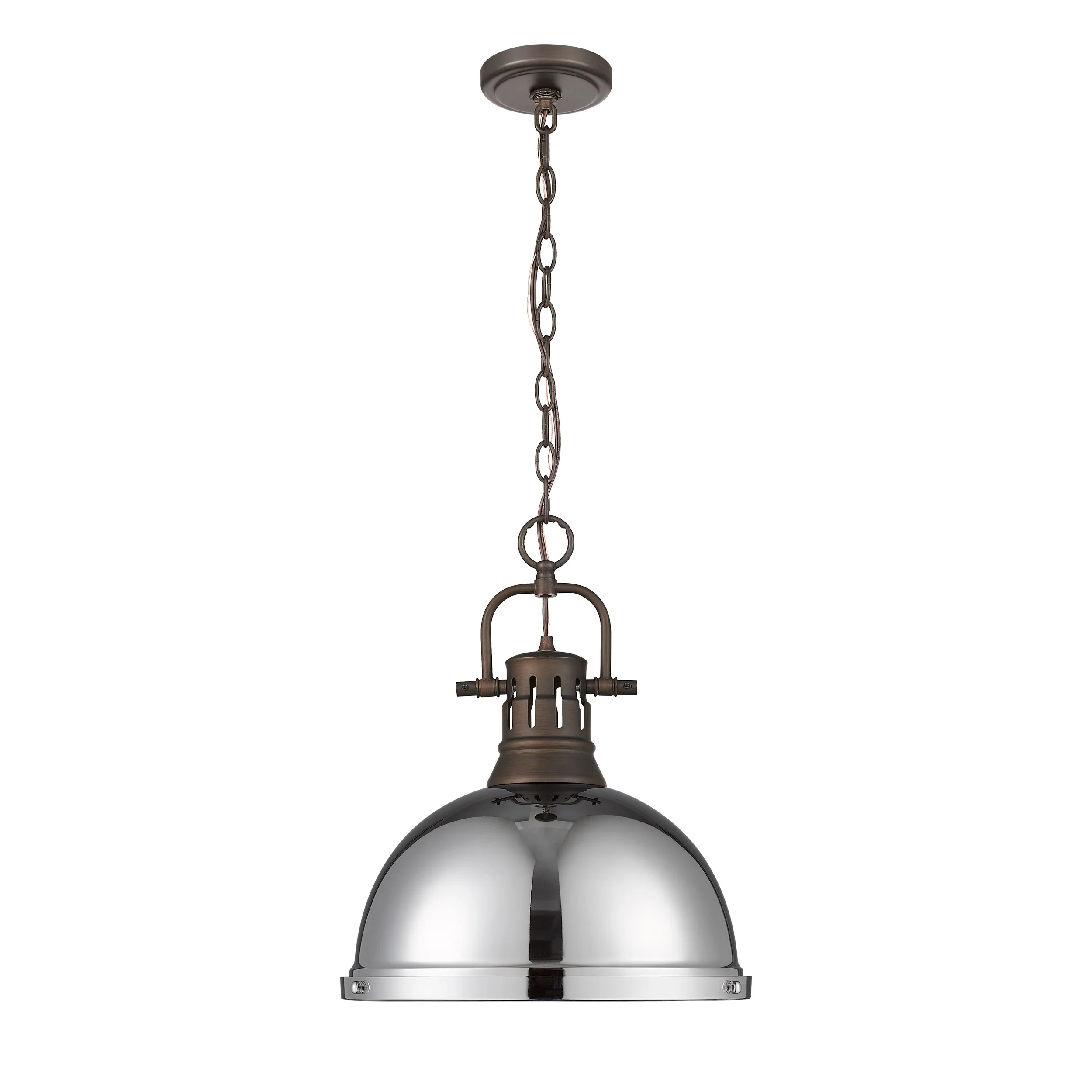 Duncan 1-light 14in Chain Hung Pendant in Rubbed Bronze and Chrome shade - Image 4