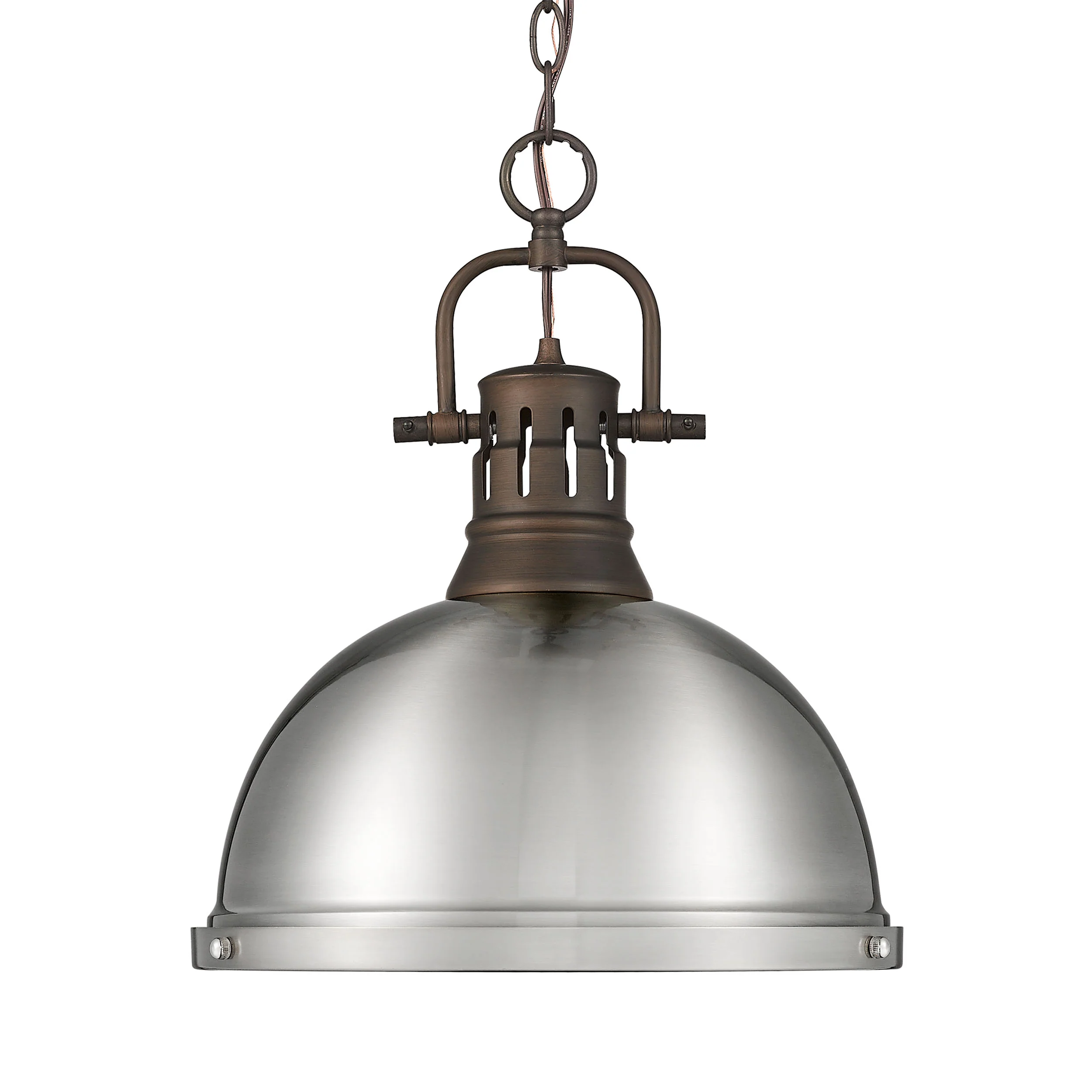 Duncan 1-light 14in Chain Hung Pendant in Rubbed Bronze and Pewter shade