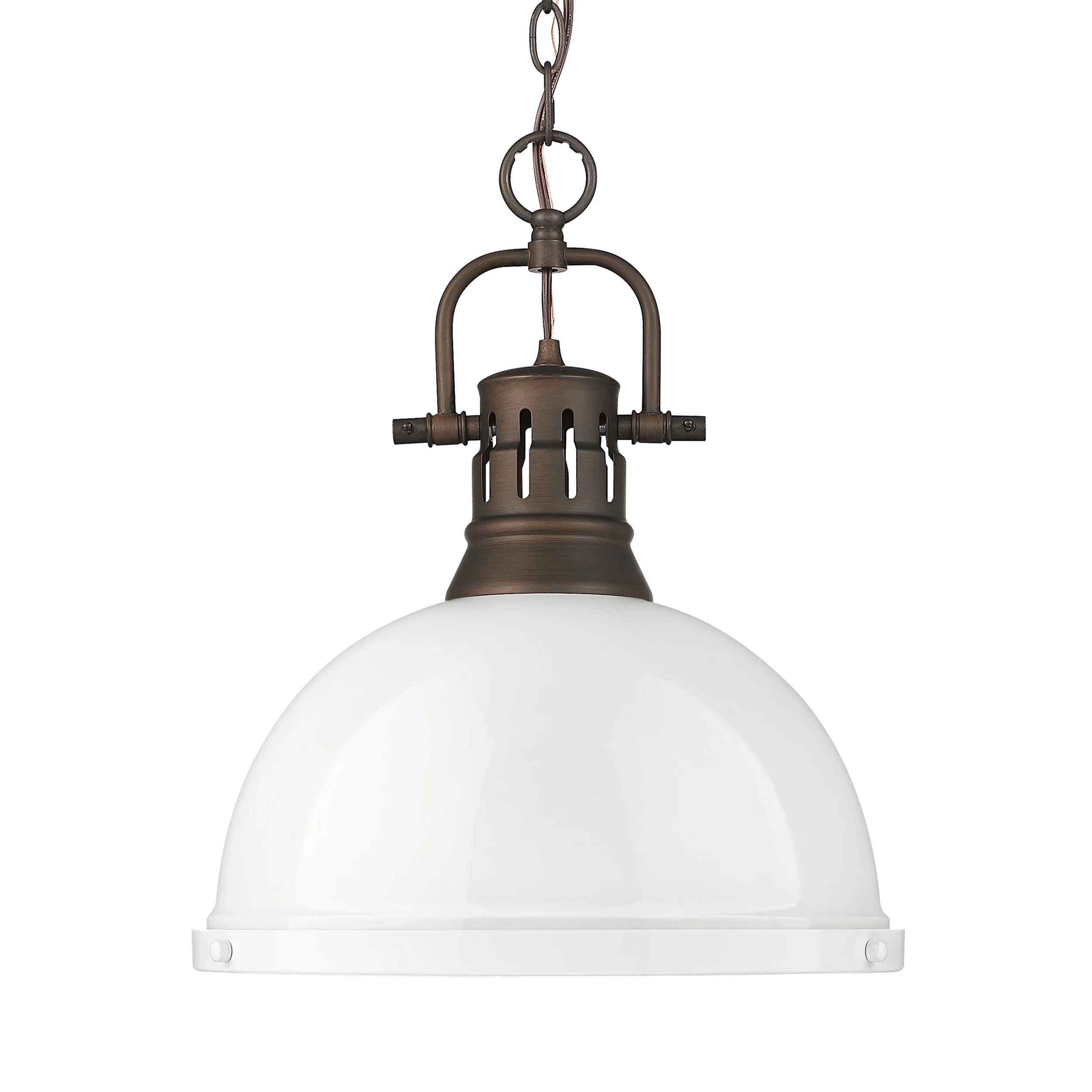 Duncan 1-light 14in Chain Hung Pendant in Rubbed Bronze and White shade