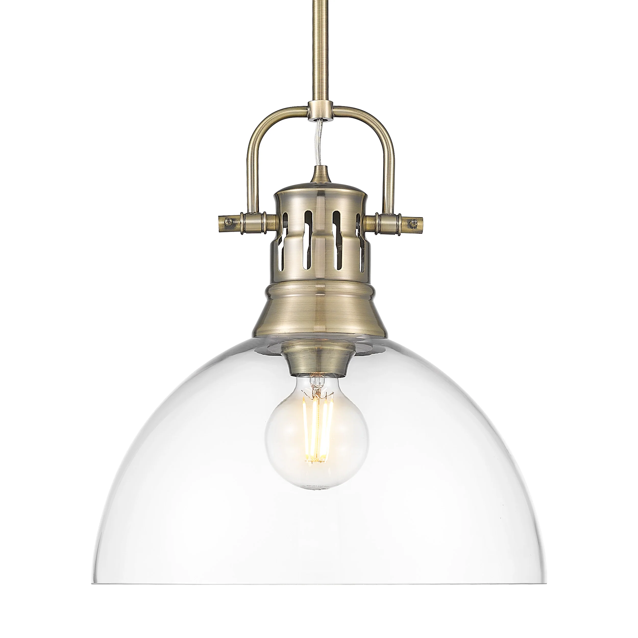 Duncan 1-light 14in rod hung Pendant in Aged Brass and Clear Glass
