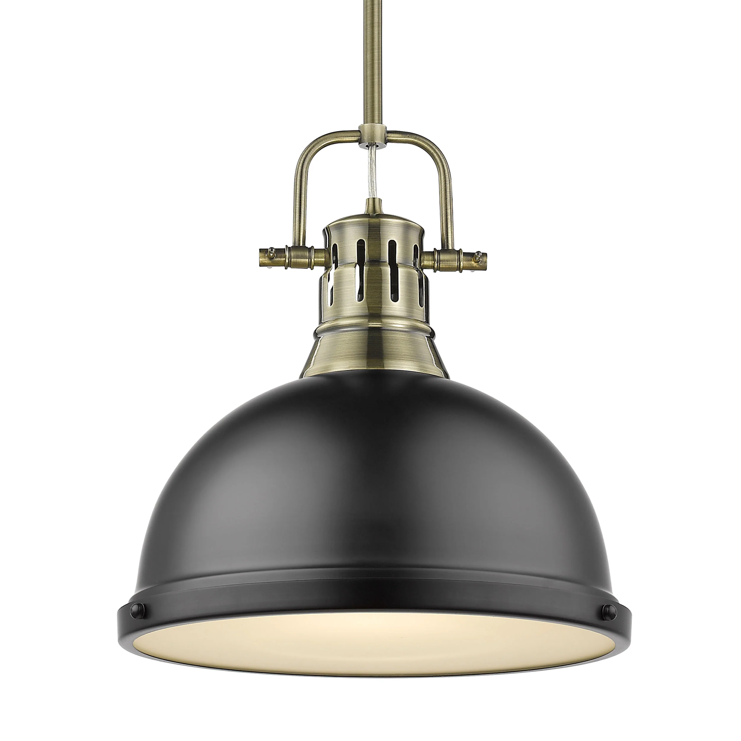 Duncan 1-light 14in Rod Hung Pendant in Aged Brass and Matte Black shade