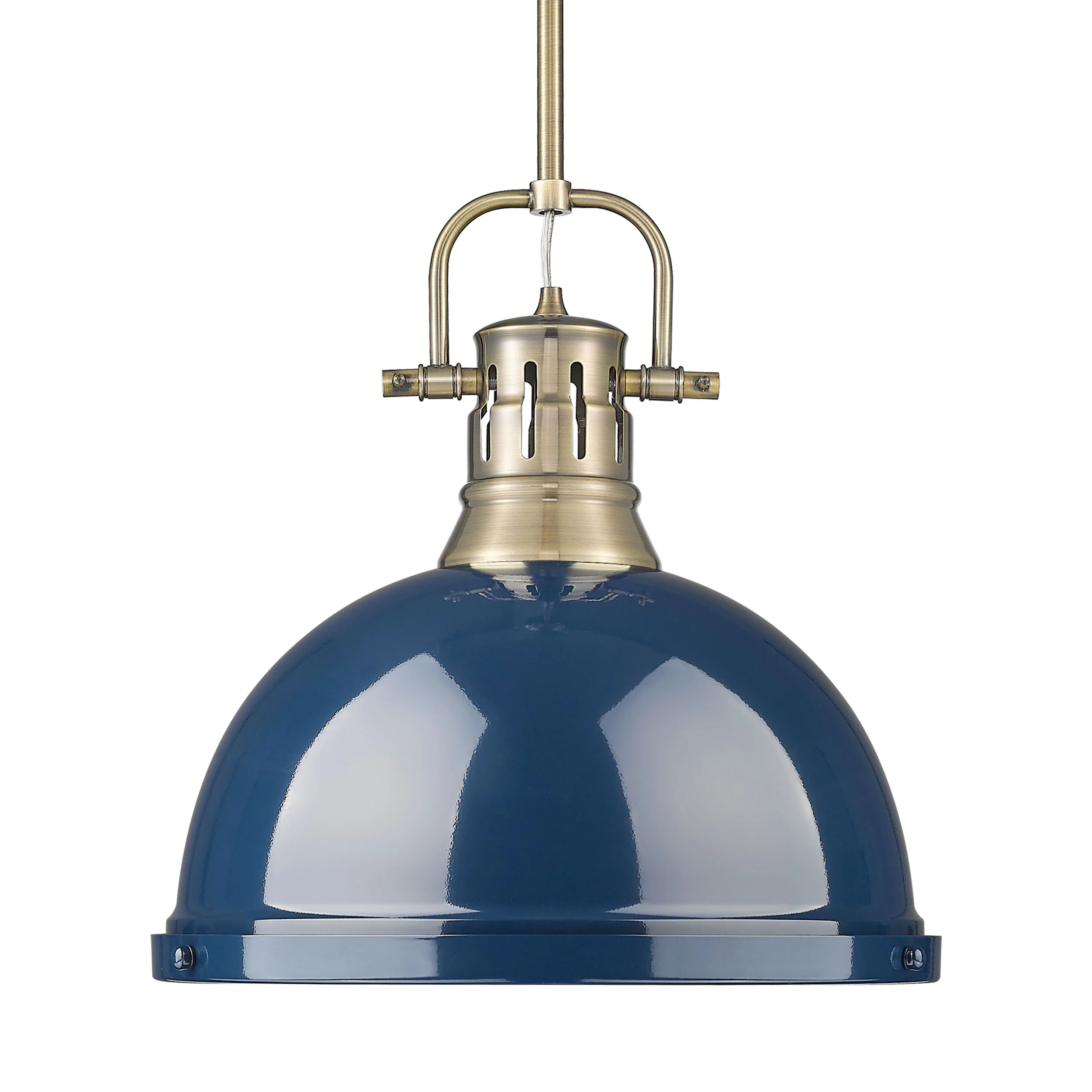 Duncan 1-light 14in Rod Hung Pendant in Aged Brass and Navy Blue shade