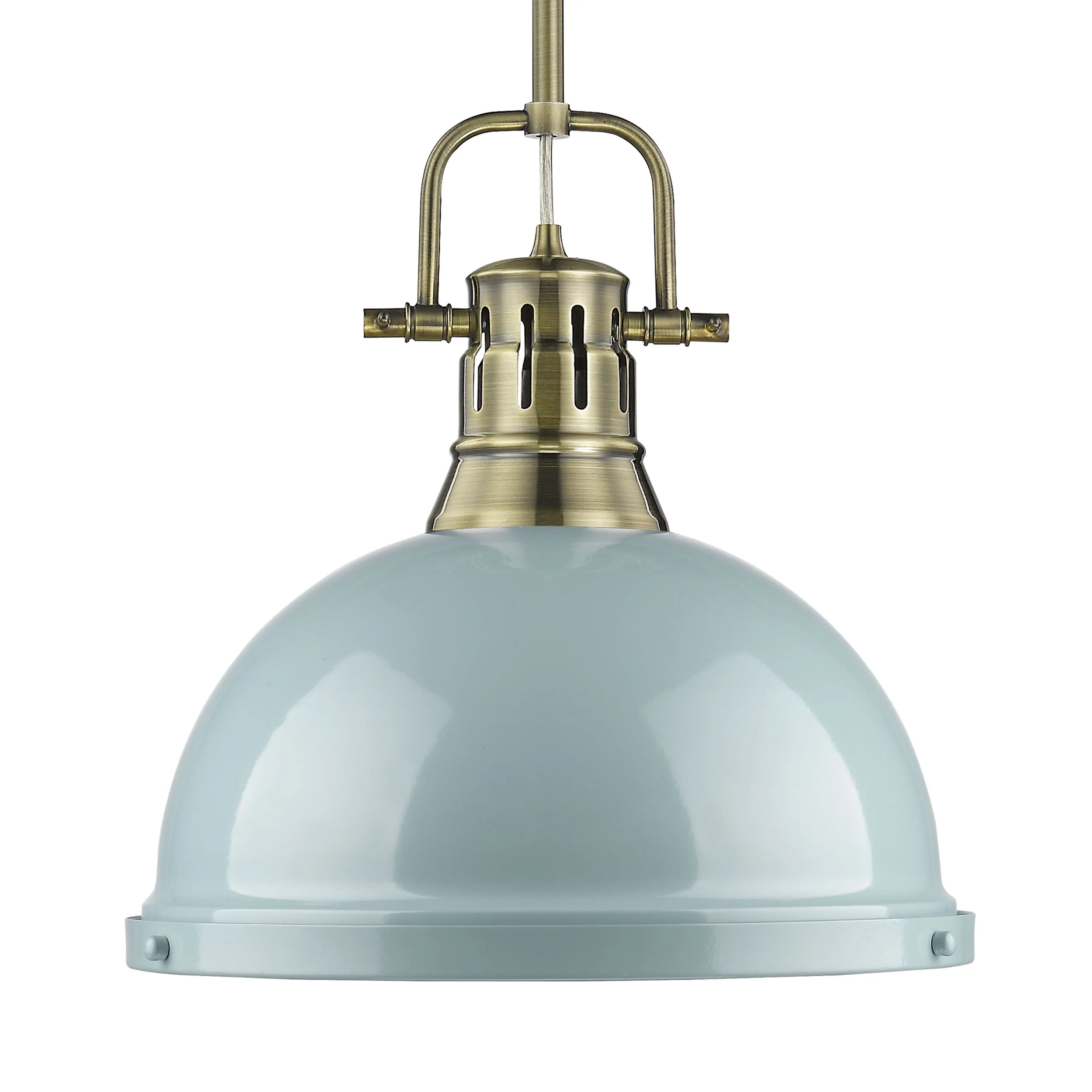 Duncan 1-light 14in Rod Hung Pendant in Aged Brass and Seafoam shade