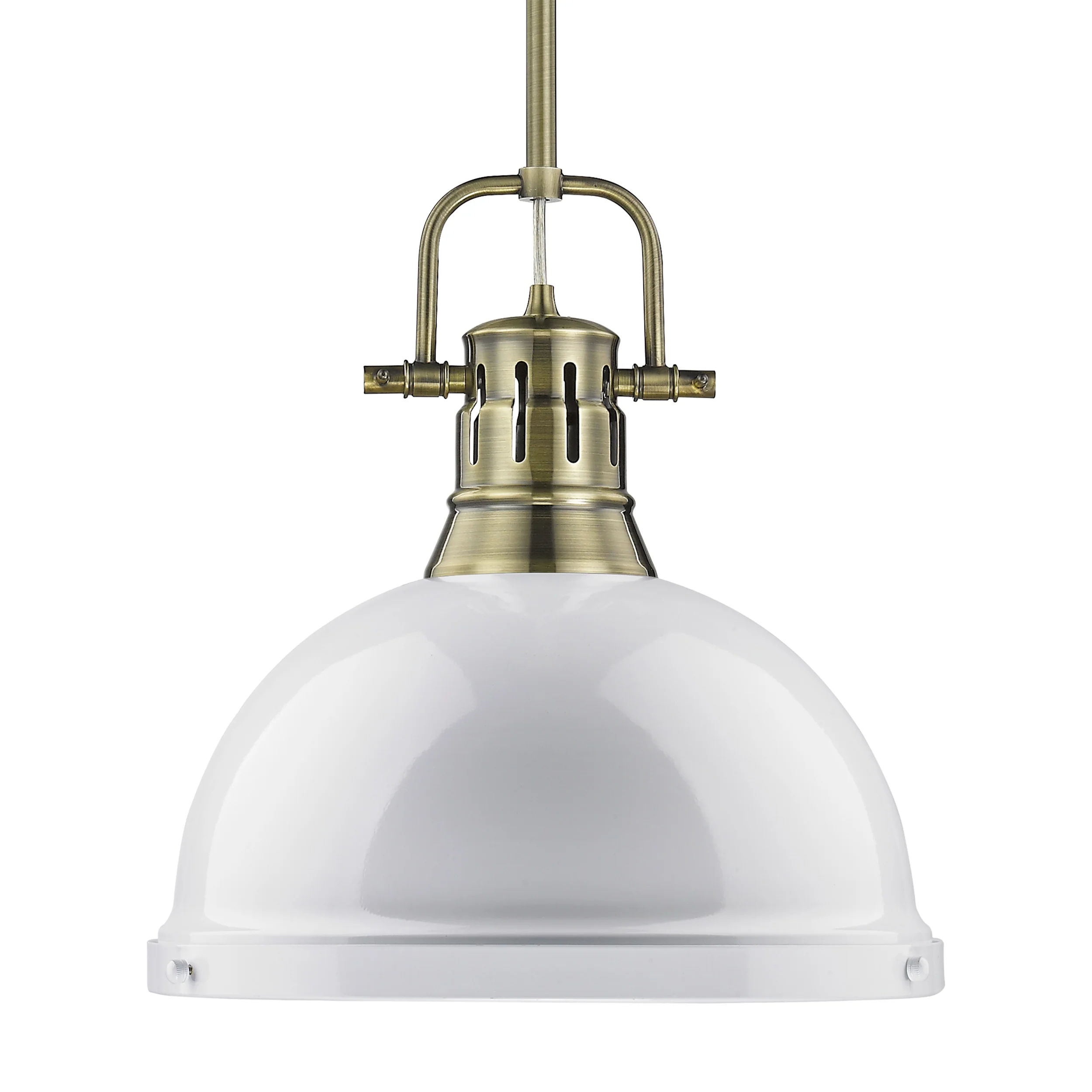 Duncan 1-light 14in Rod Hung Pendant in Aged Brass and White shade