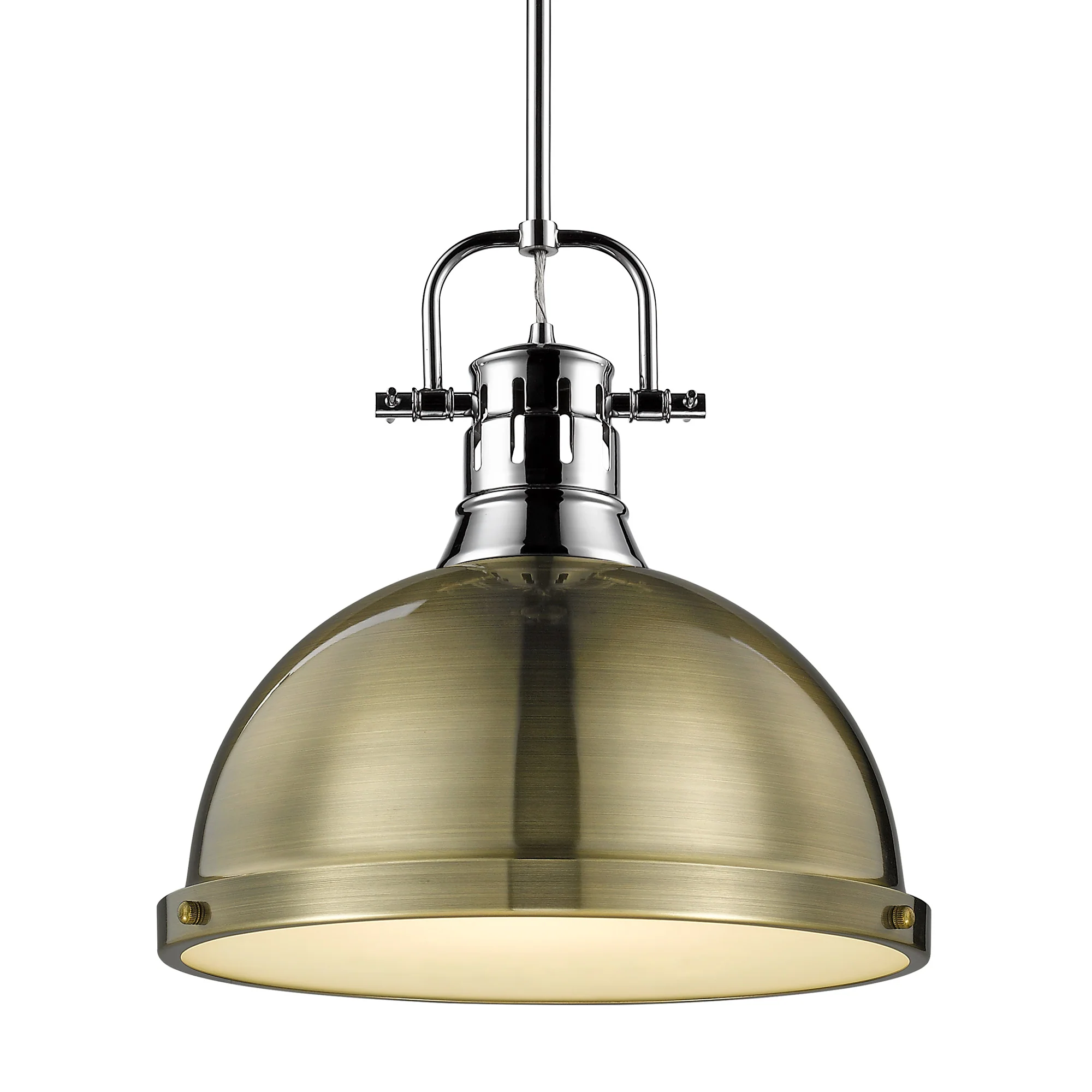 Duncan 1-light 14in Rod Hung Pendant in Chrome and Aged Brass shade