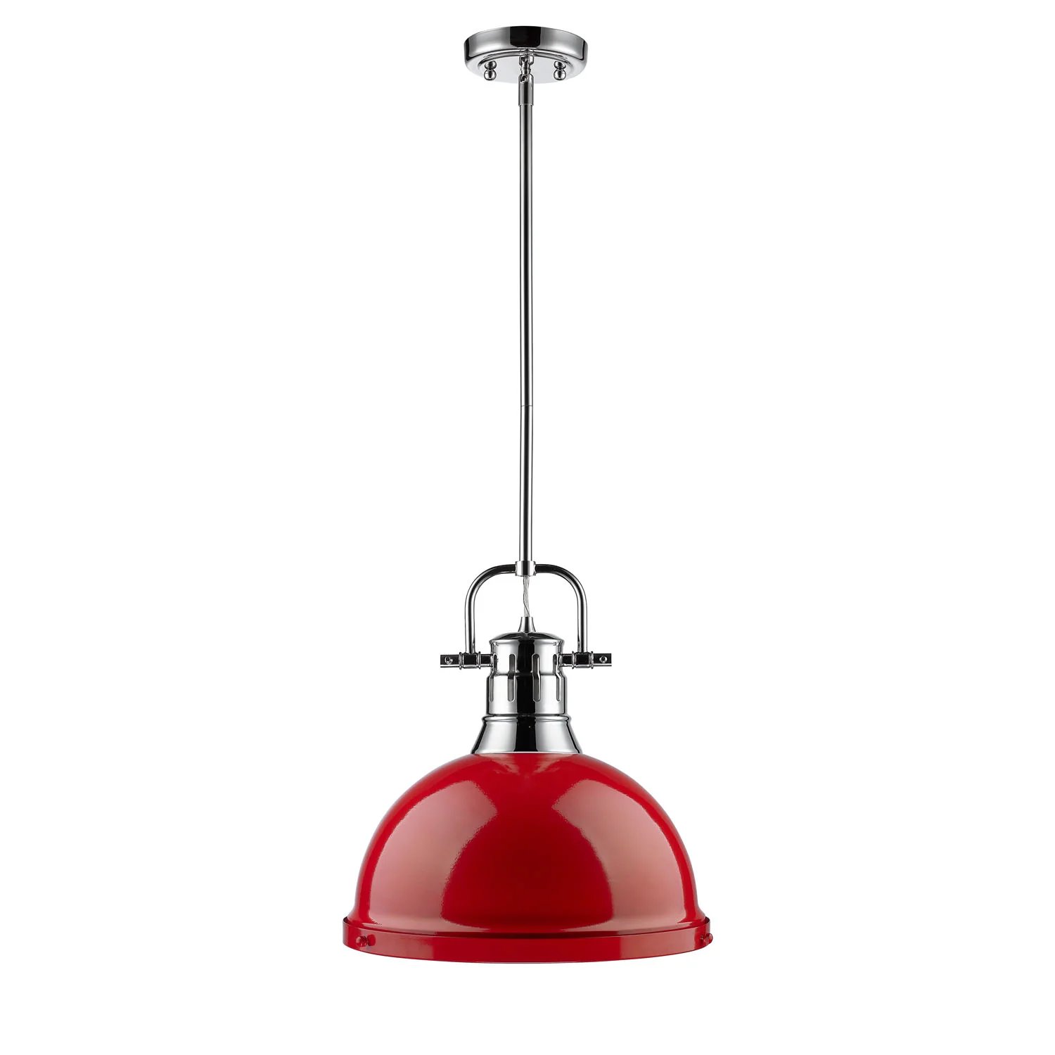 Duncan 1-light 14in Rod Hung Pendant in Chrome and Red shade - Image 3