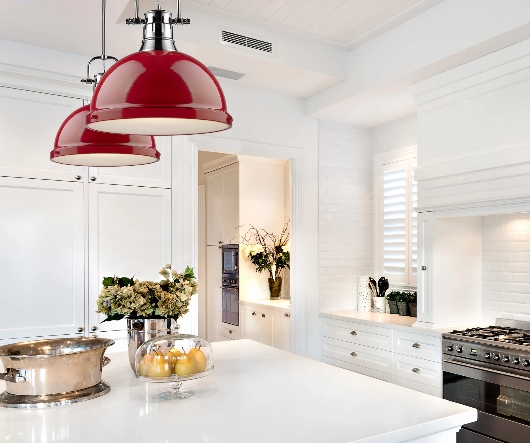 Duncan 1-light 14in Rod Hung Pendant in Chrome and Red shade - Image 4