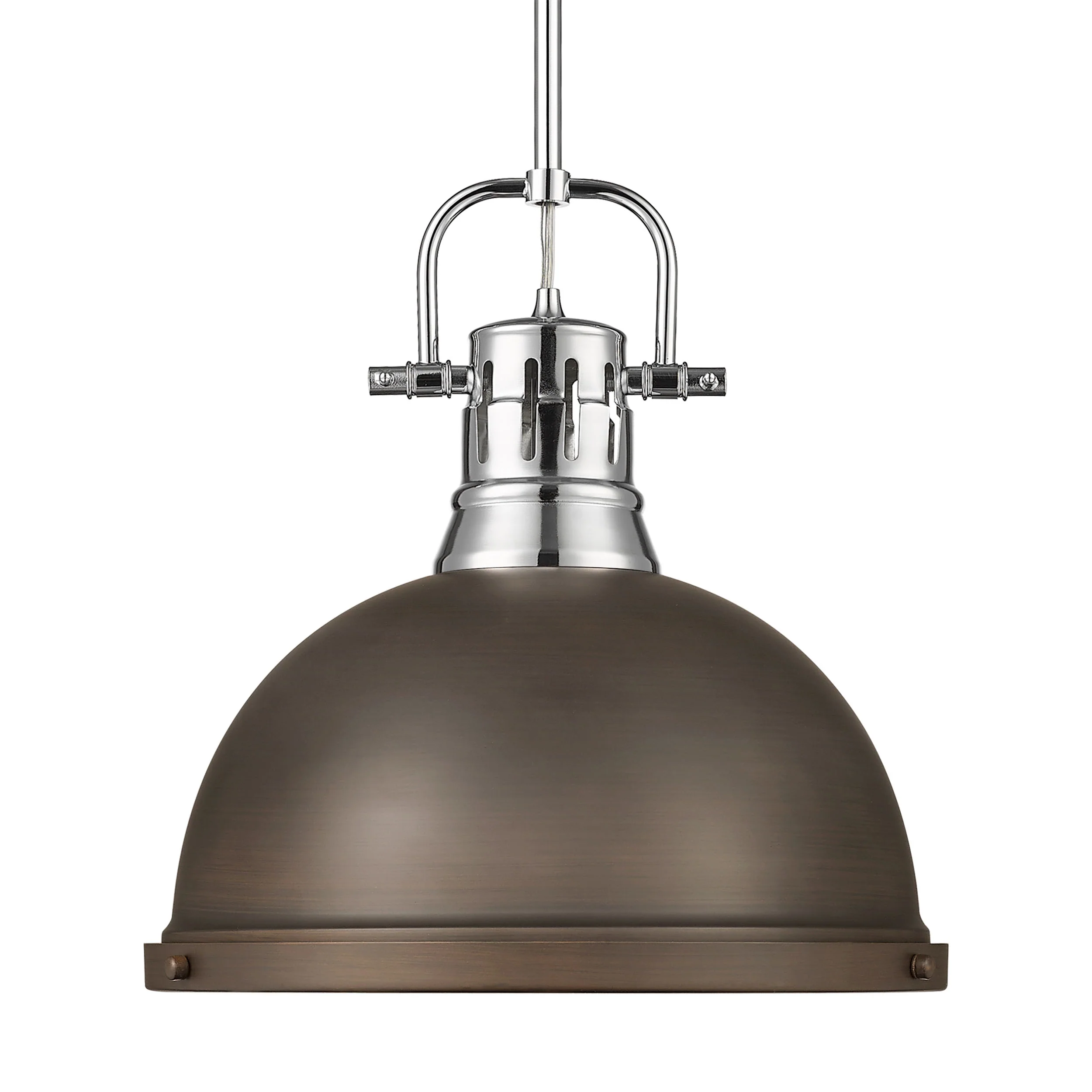 Duncan 1-light 14in Rod Hung Pendant in Chrome and Rubbed Bronze shade