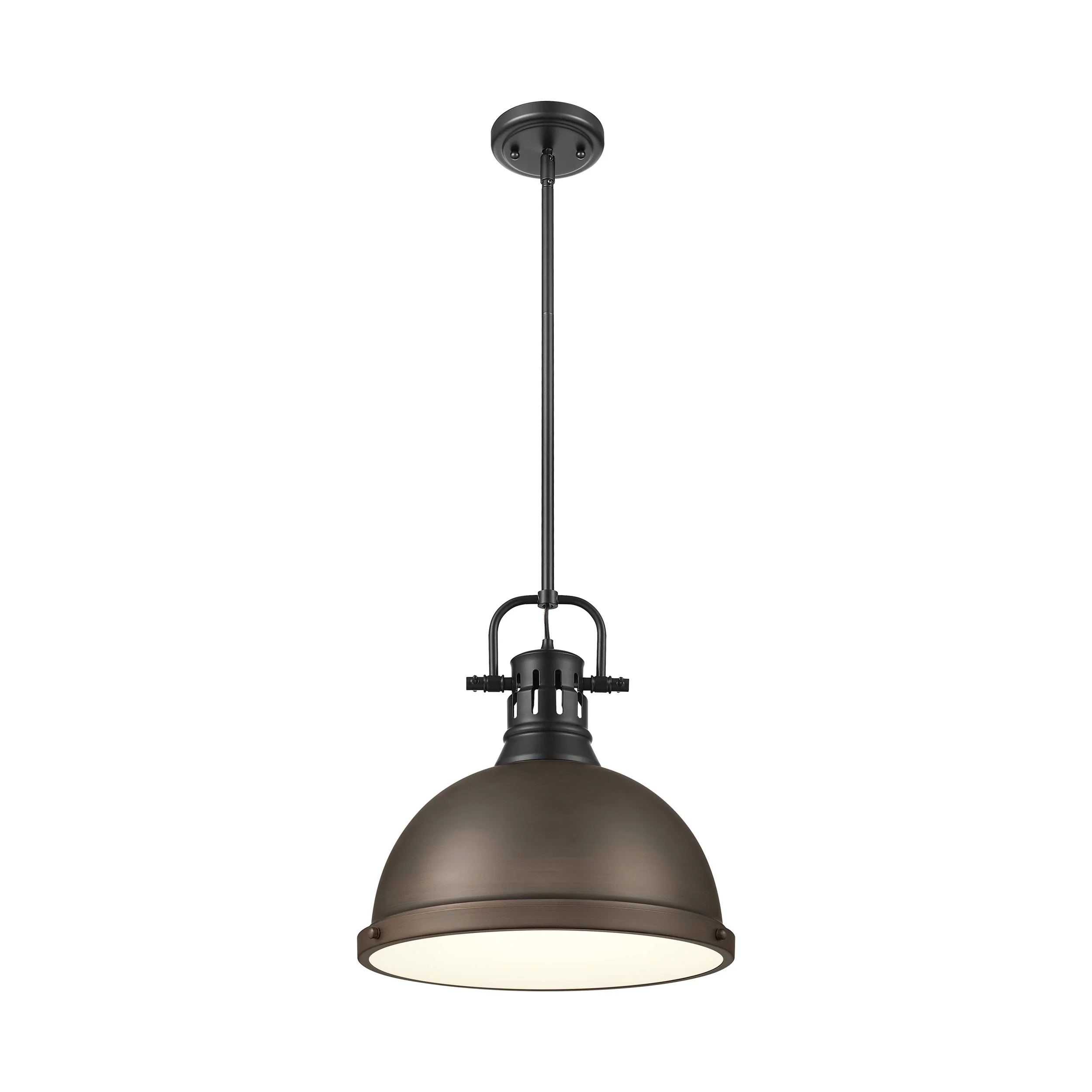 Duncan 1-light 14in Rod Hung Pendant in Matte Black and Rubbed Bronze shade - Image 2