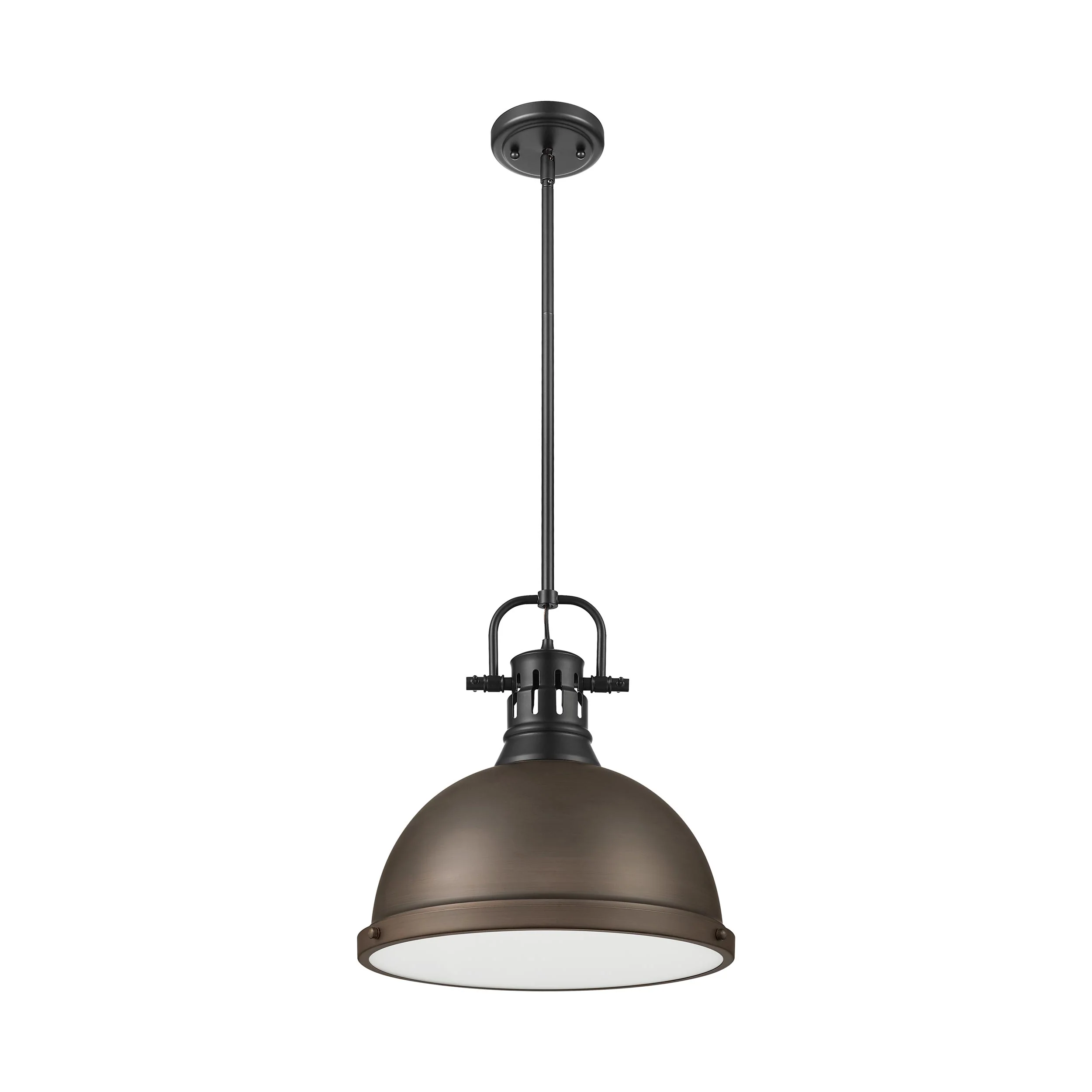Duncan 1-light 14in Rod Hung Pendant in Matte Black and Rubbed Bronze shade - Image 3