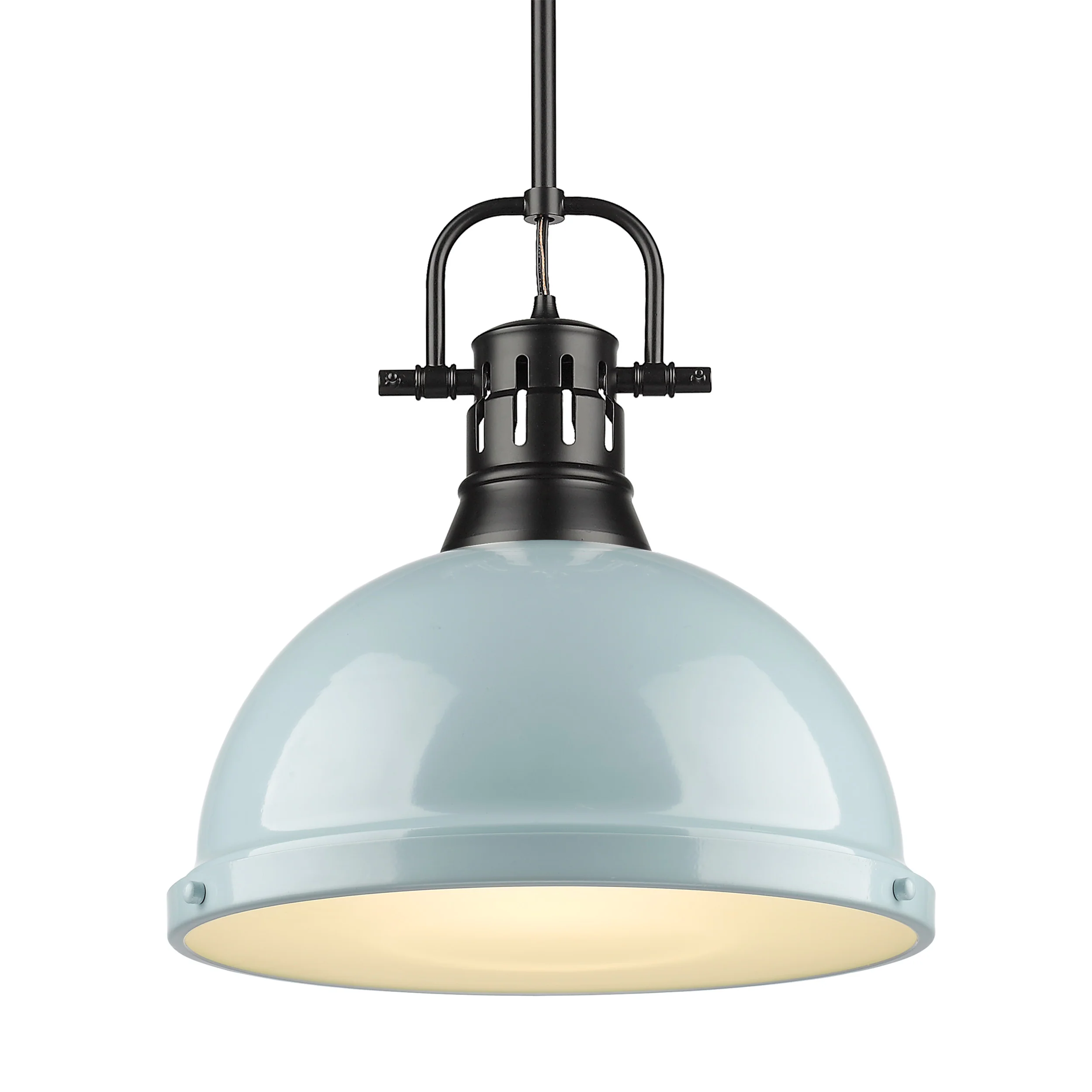Duncan 1-light 14in Rod Hung Pendant in Matte Black and Seafoam shade