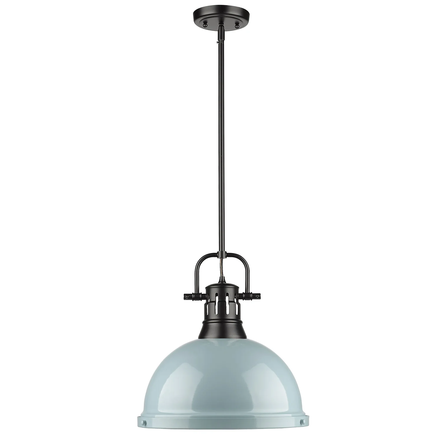 Duncan 1-light 14in Rod Hung Pendant in Matte Black and Seafoam shade - Image 2