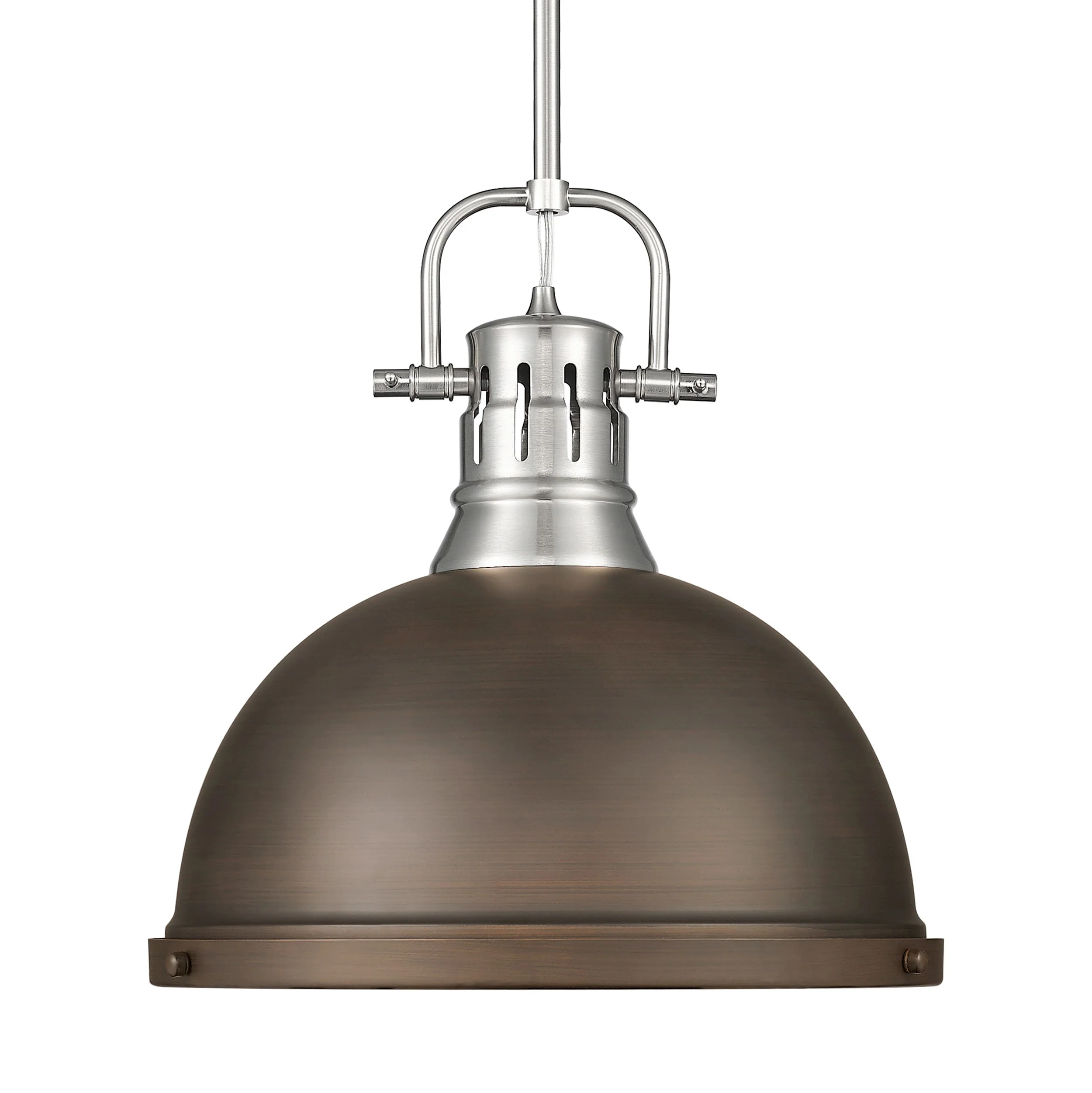 Duncan 1-light 14in Rod Hung Pendant in Pewter and Rubbed Bronze shade