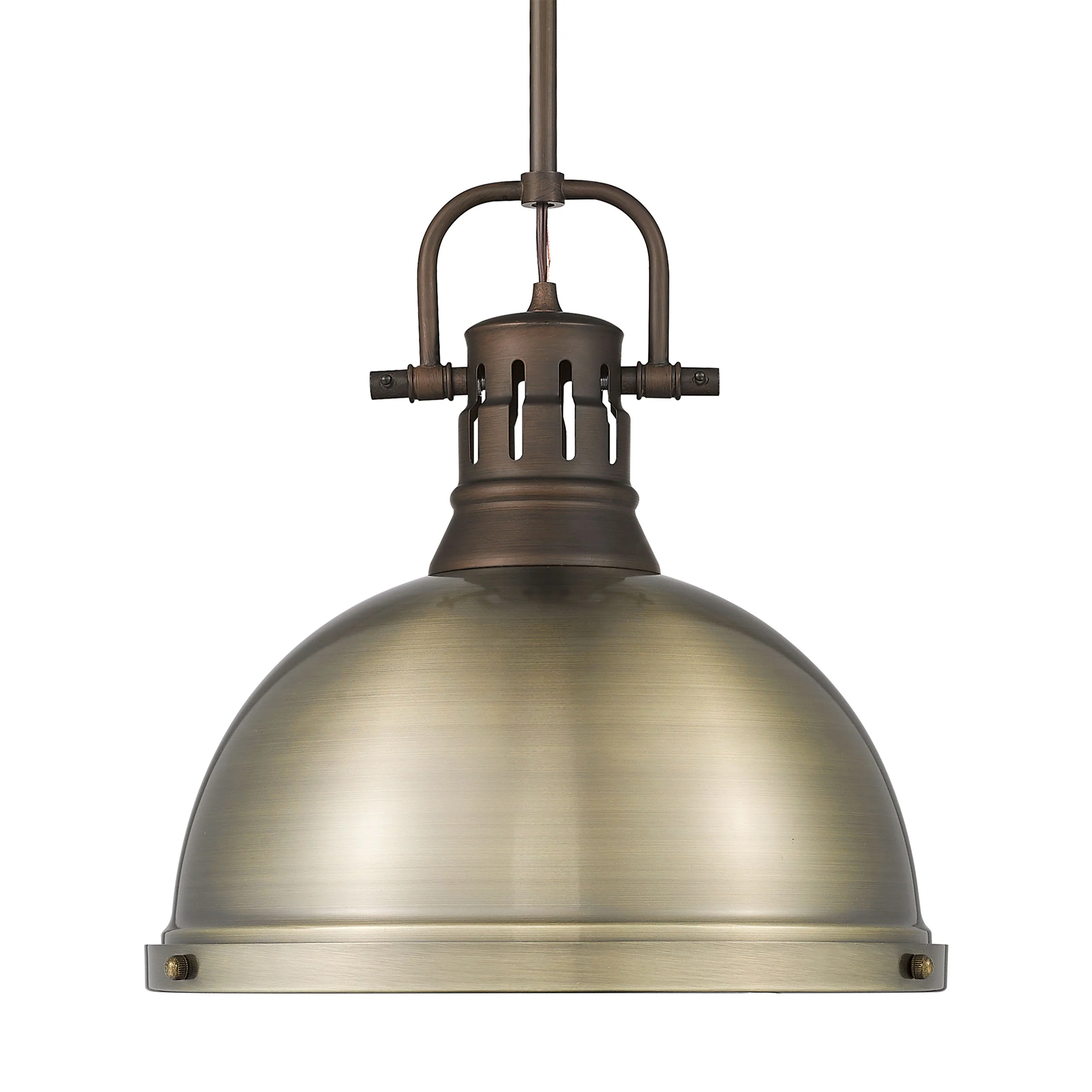 Duncan 1-light 14in Rod Hung Pendant in Rubbed Bronze and Aged Brass shade