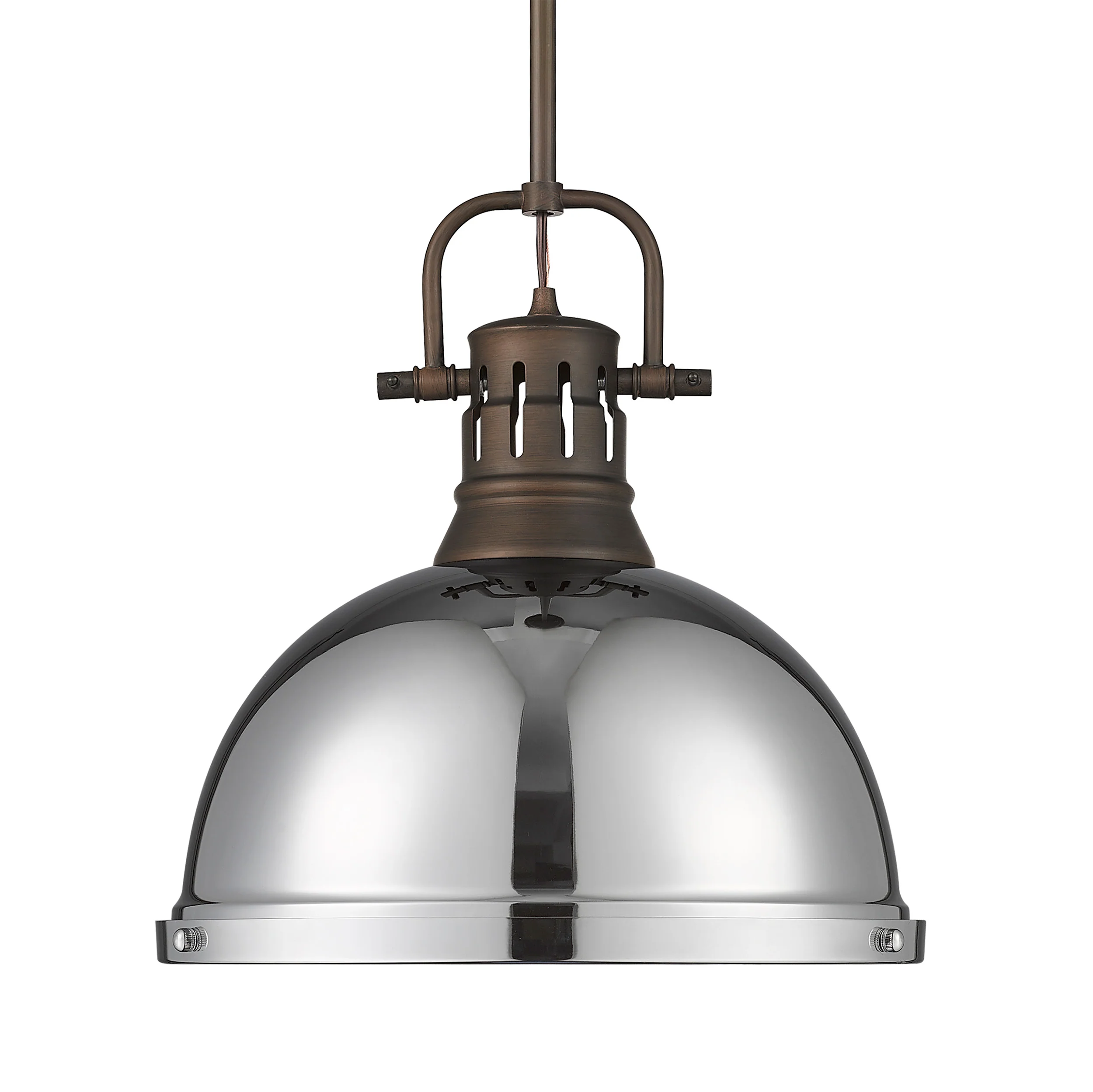 Duncan 1-light 14in Rod Hung Pendant in Rubbed Bronze and Chrome shade