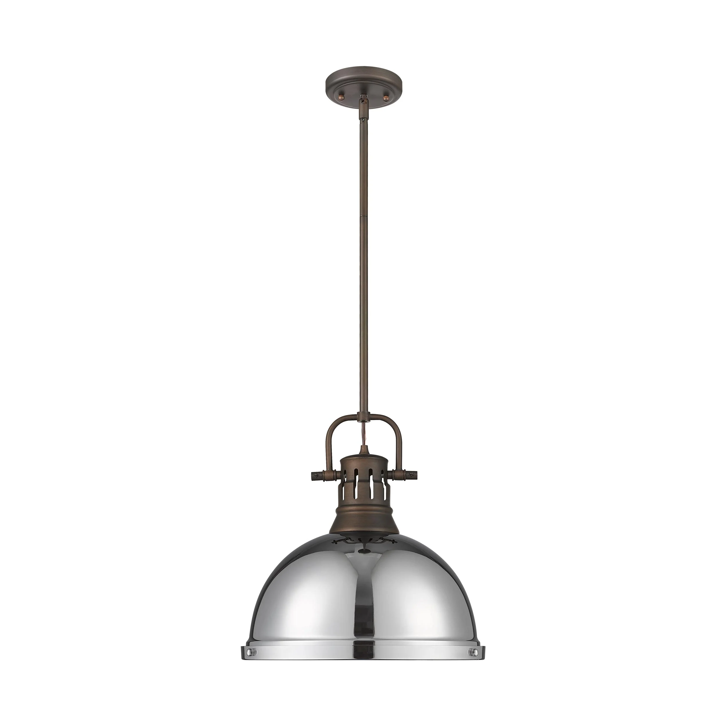 Duncan 1-light 14in Rod Hung Pendant in Rubbed Bronze and Chrome shade - Image 4