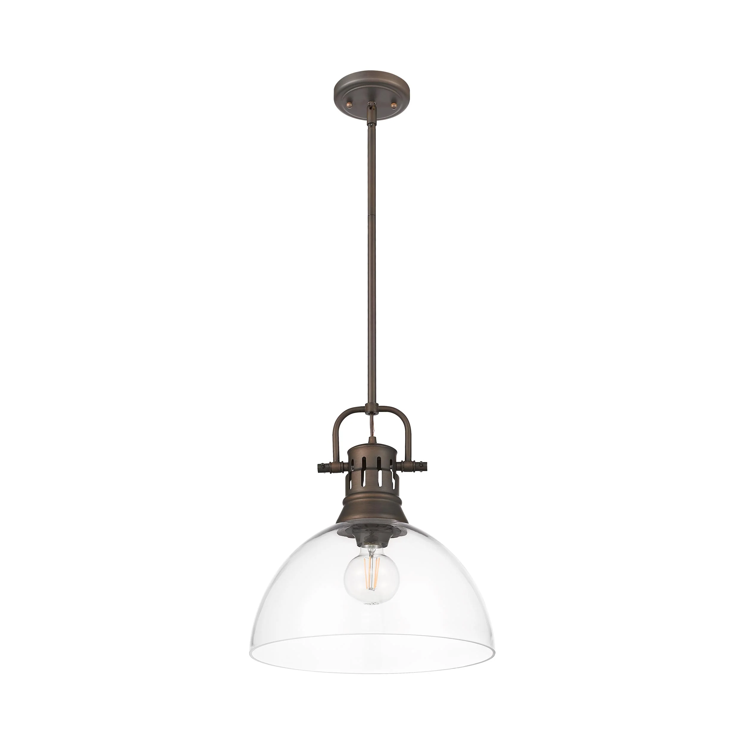 Duncan 1-light 14in rod hung Pendant in Rubbed Bronze and Clear Glass - Image 2