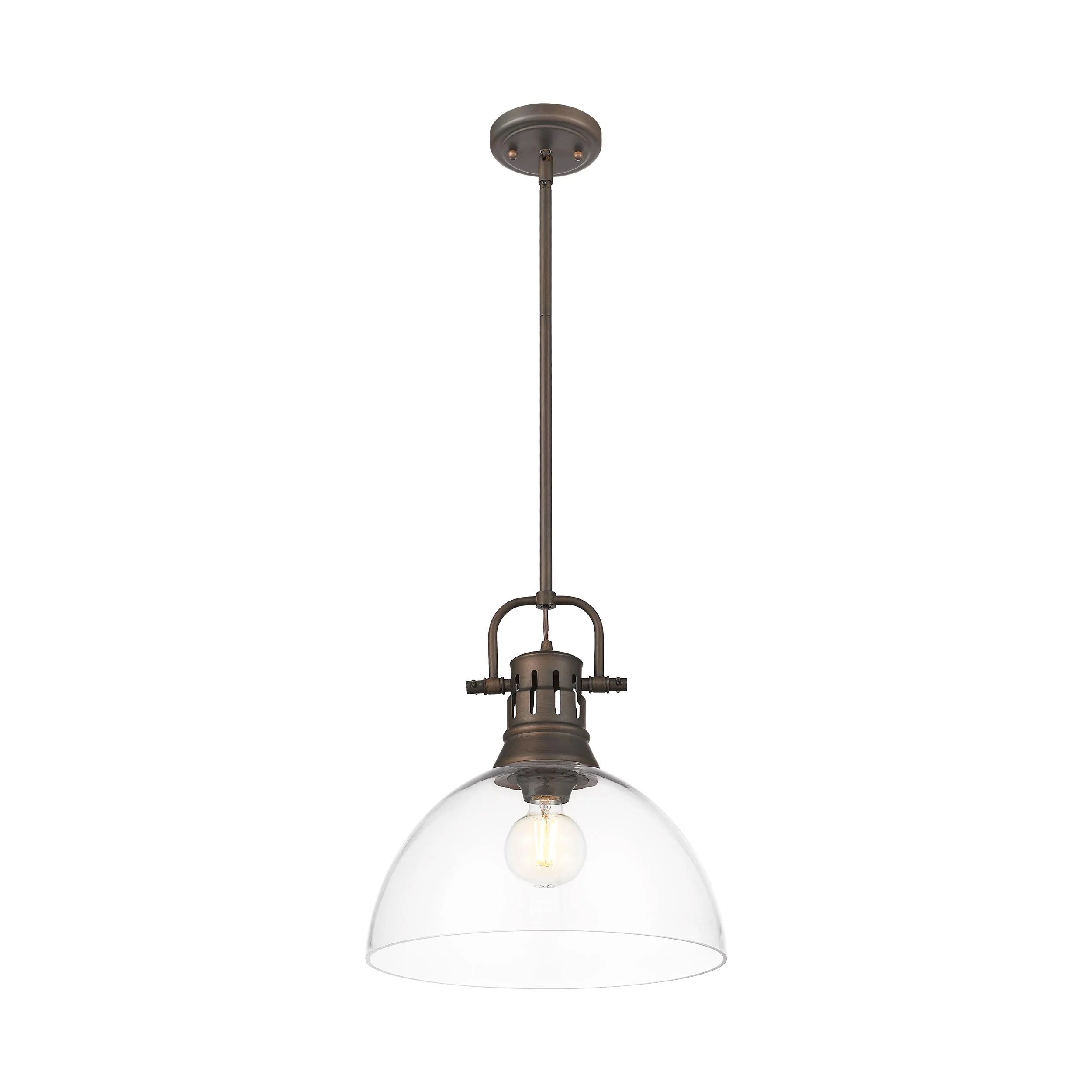 Duncan 1-light 14in rod hung Pendant in Rubbed Bronze and Clear Glass - Image 3
