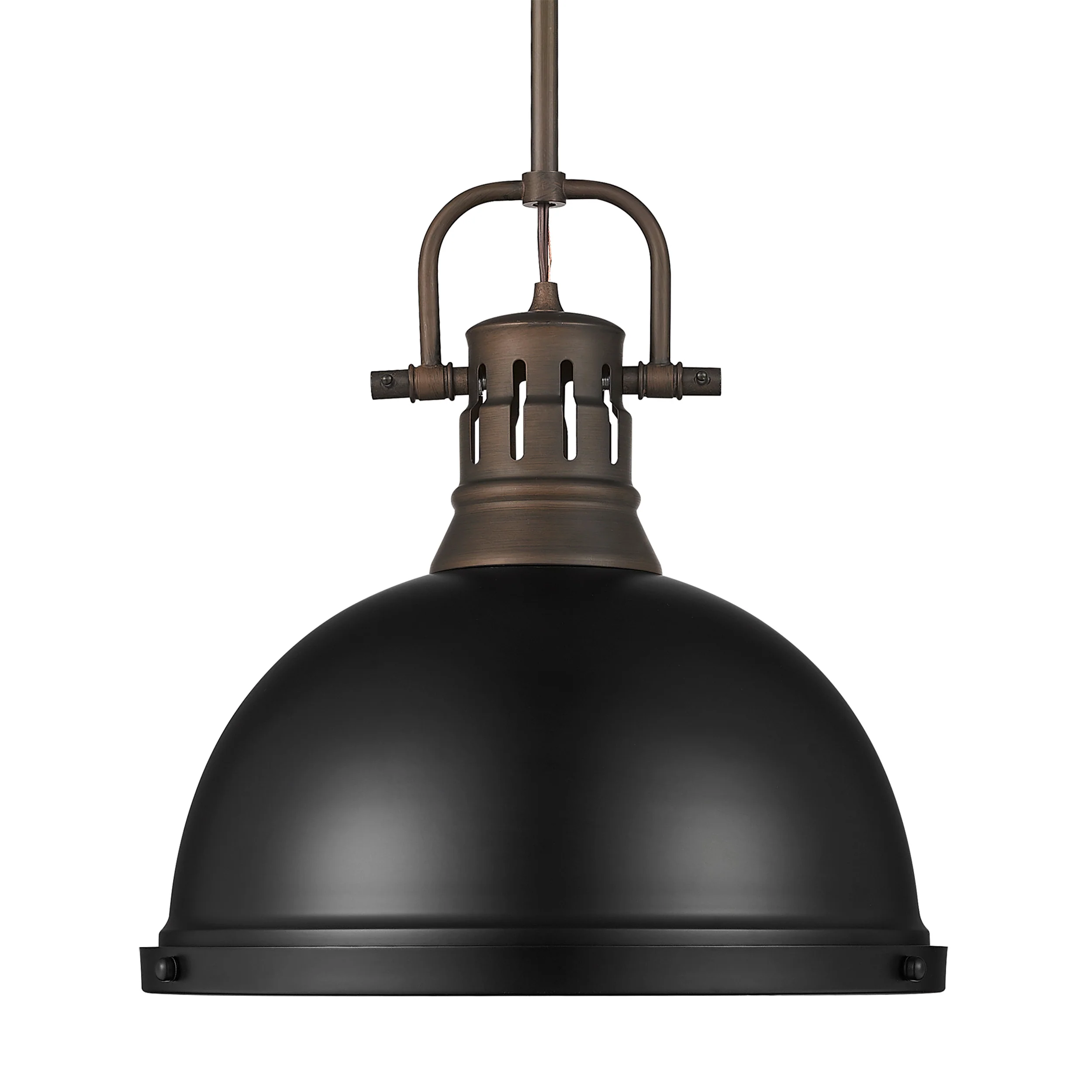 Duncan 1-light 14in Rod Hung Pendant in Rubbed Bronze and Matte Black shade