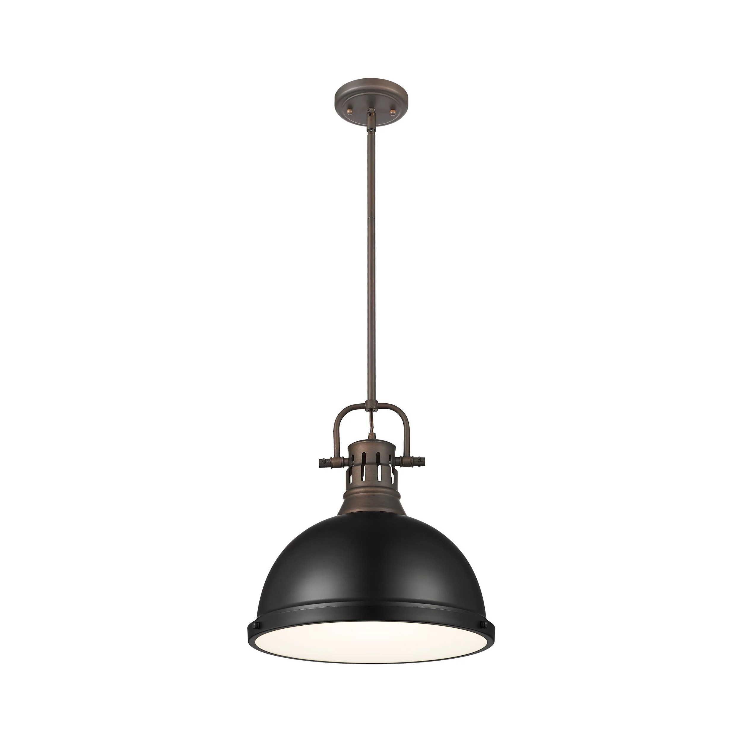 Duncan 1-light 14in Rod Hung Pendant in Rubbed Bronze and Matte Black shade - Image 3