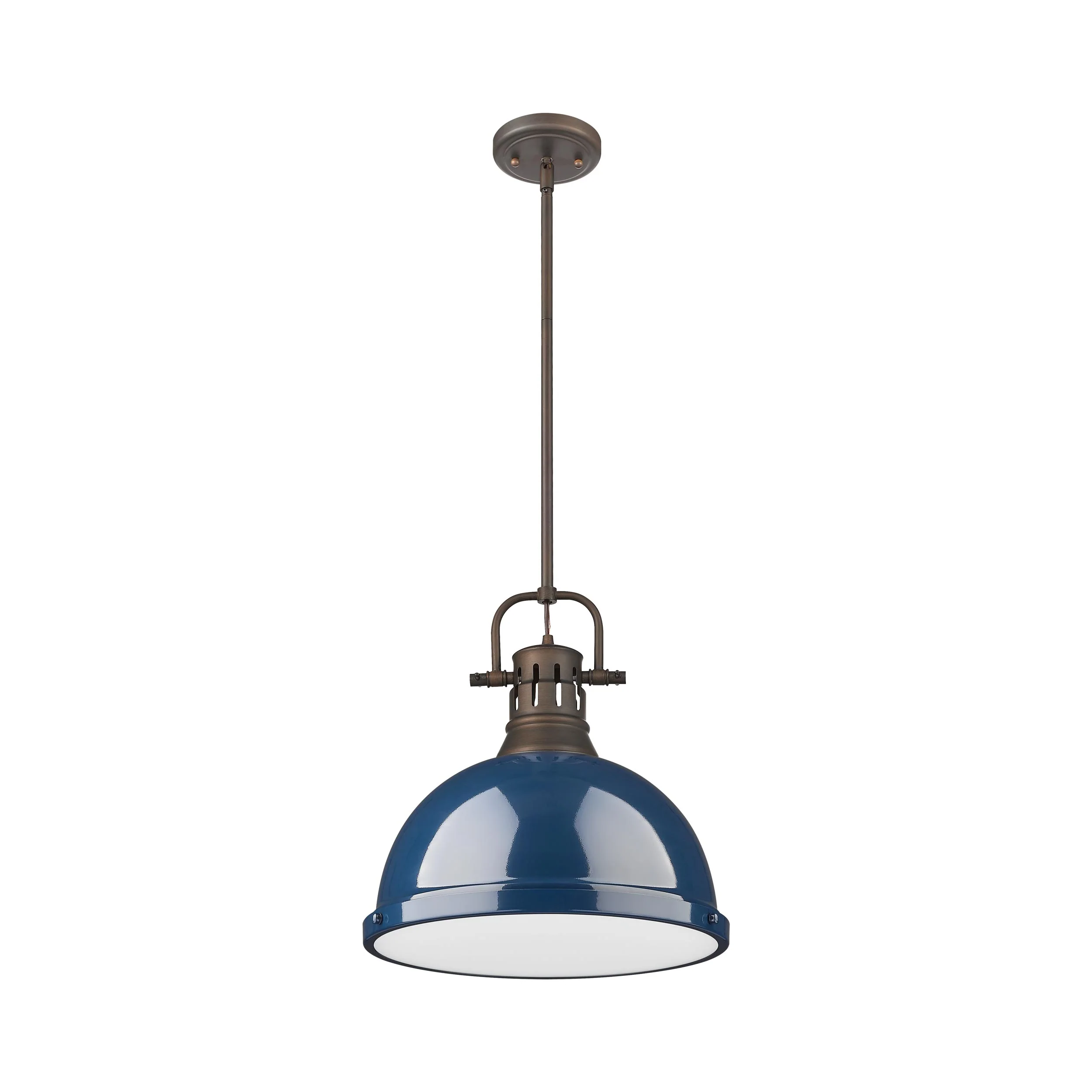 Duncan 1-light 14in Rod Hung Pendant in Rubbed Bronze and Navy Blue shade