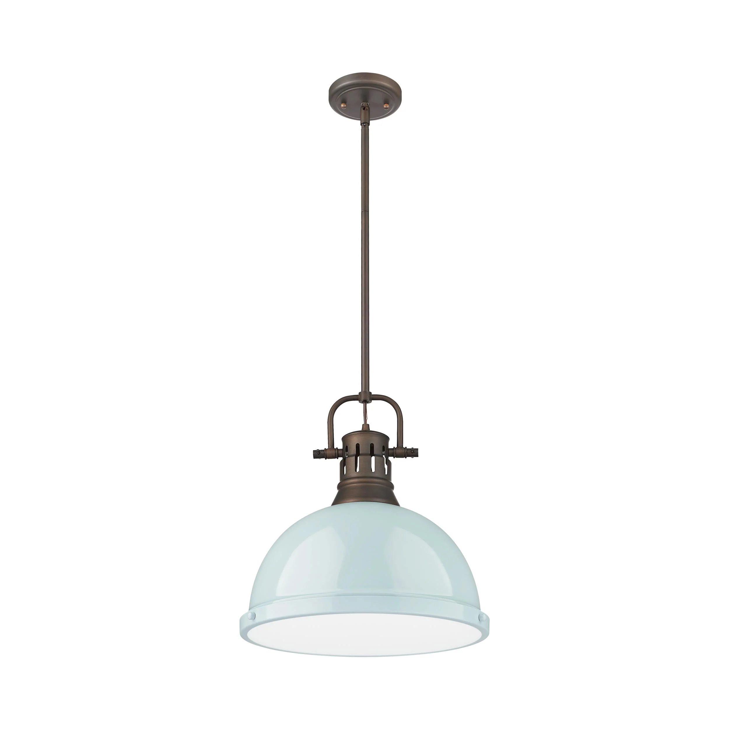Duncan 1-light 14in Rod Hung Pendant in Rubbed Bronze and Seafoam shade