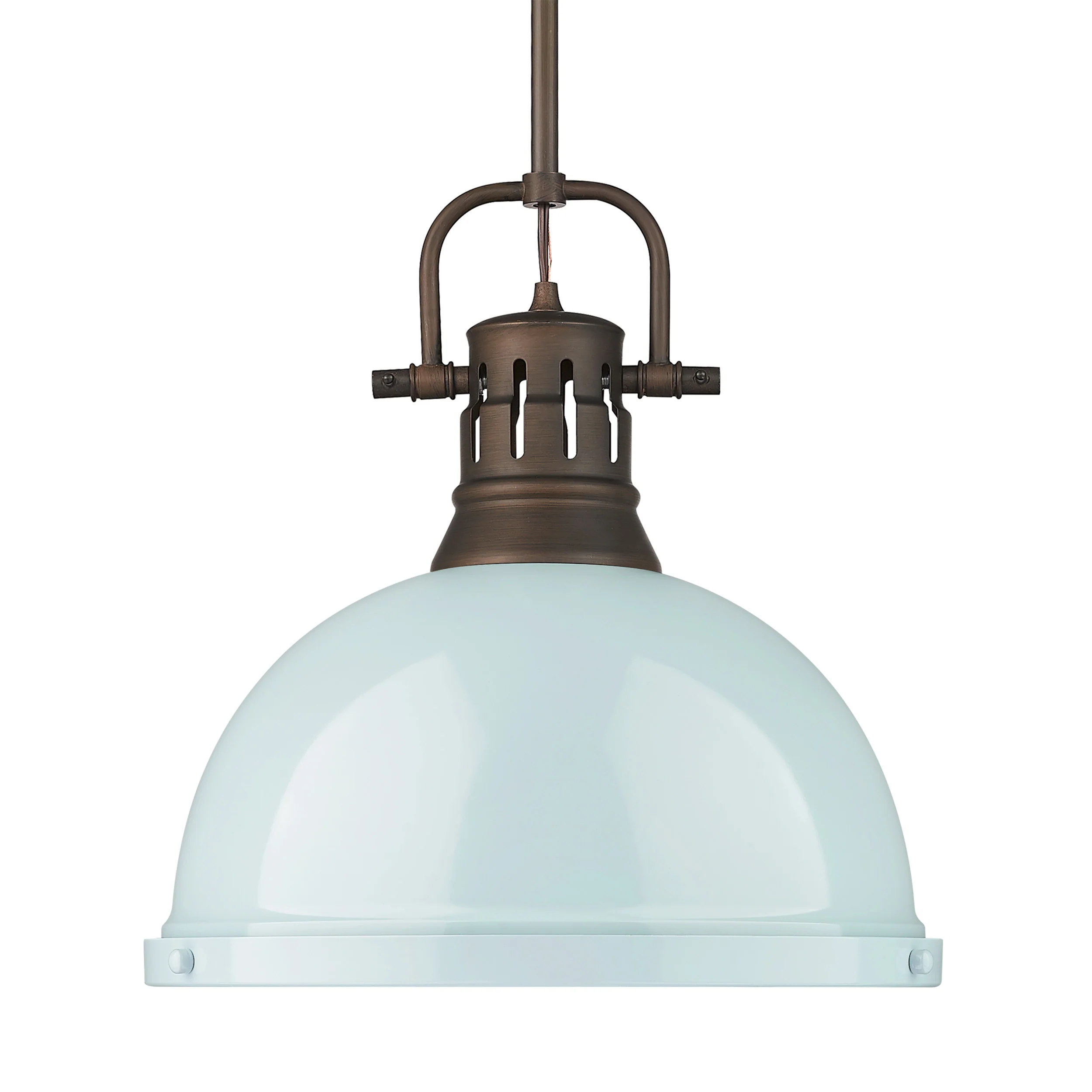 Duncan 1-light 14in Rod Hung Pendant in Rubbed Bronze and Seafoam shade - Image 2