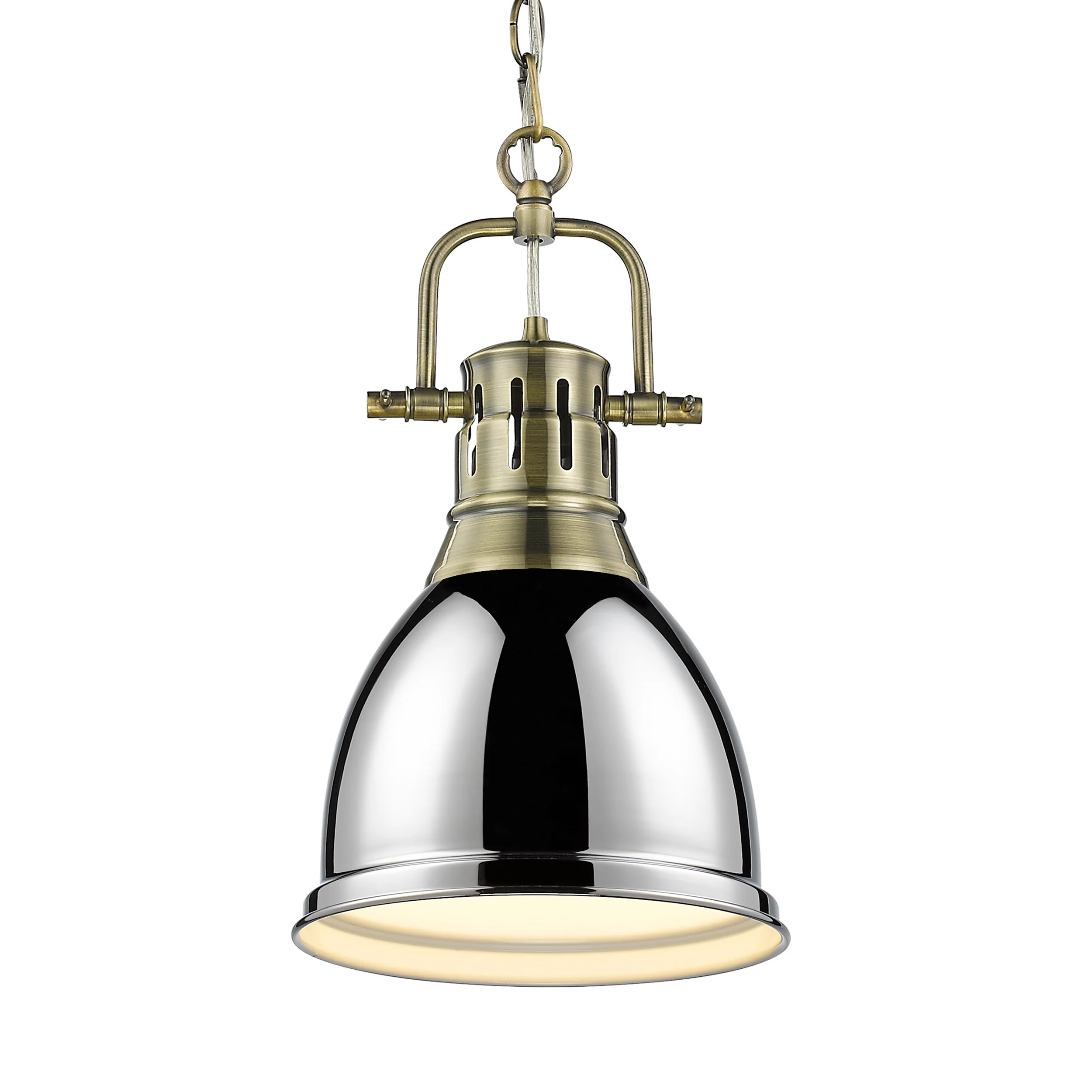 Duncan 1-light 9in Chain Hung Pendant in Aged Brass and Chrome shade