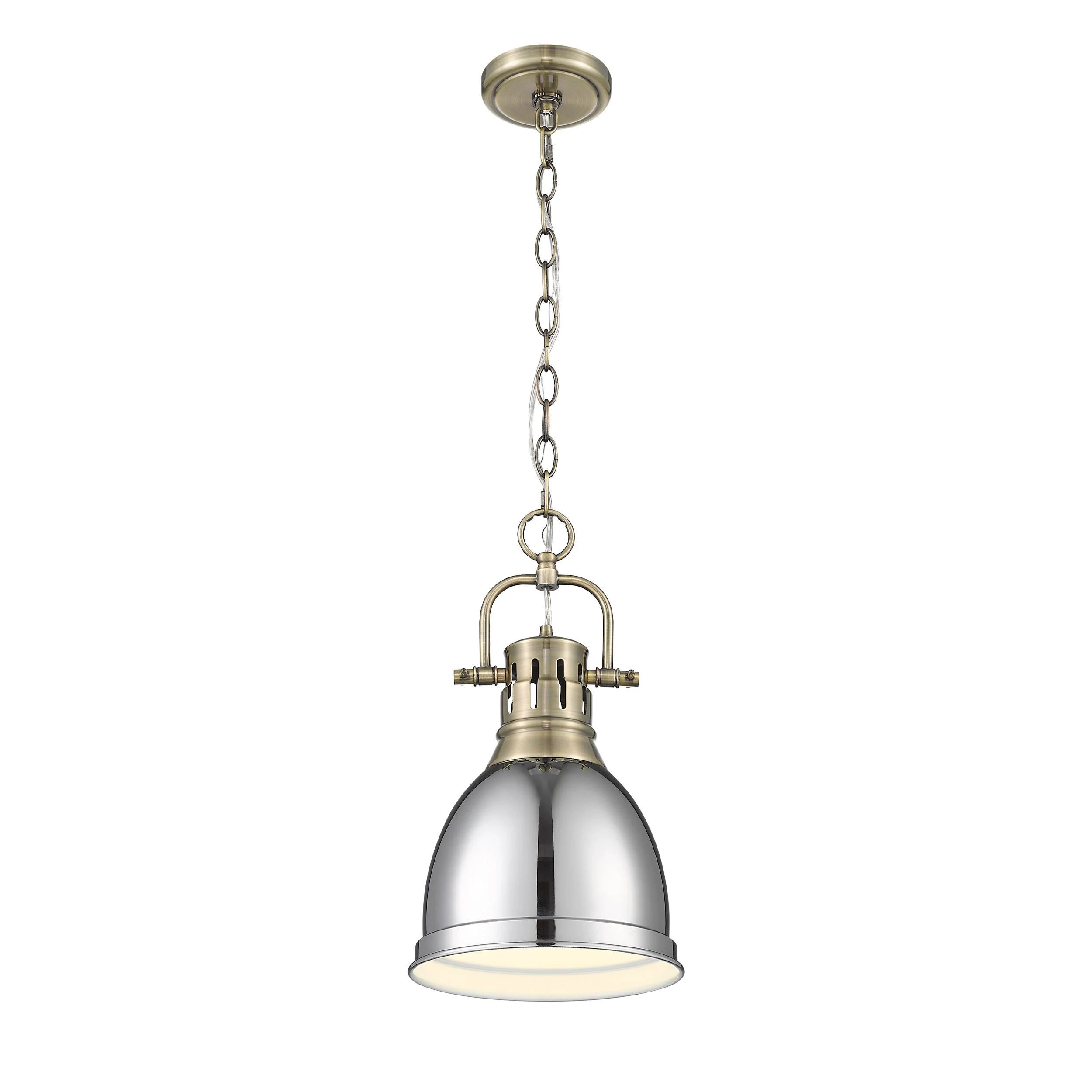 Duncan 1-light 9in Chain Hung Pendant in Aged Brass and Chrome shade - Image 2