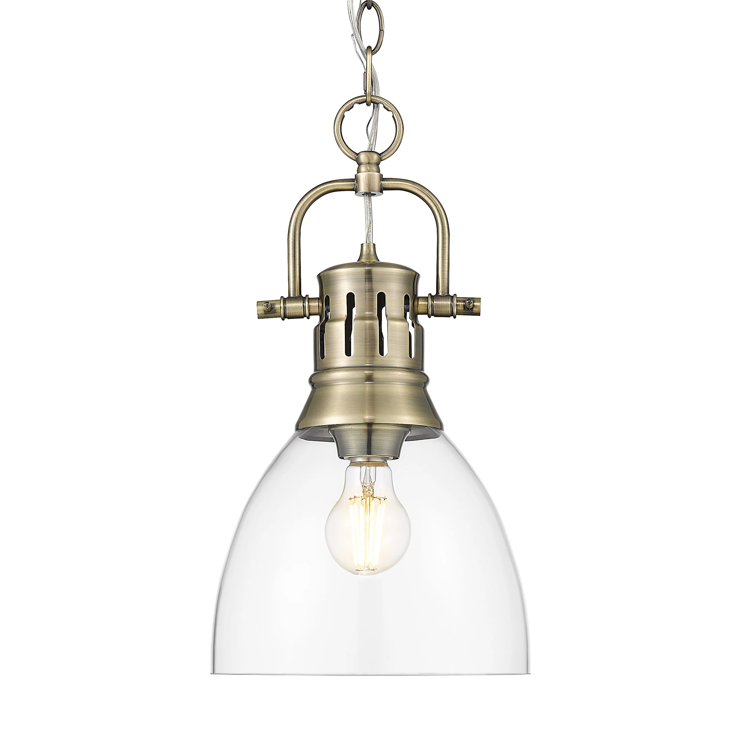 Duncan 1-light 9in chain hung Pendant in Aged Brass and Clear Glass